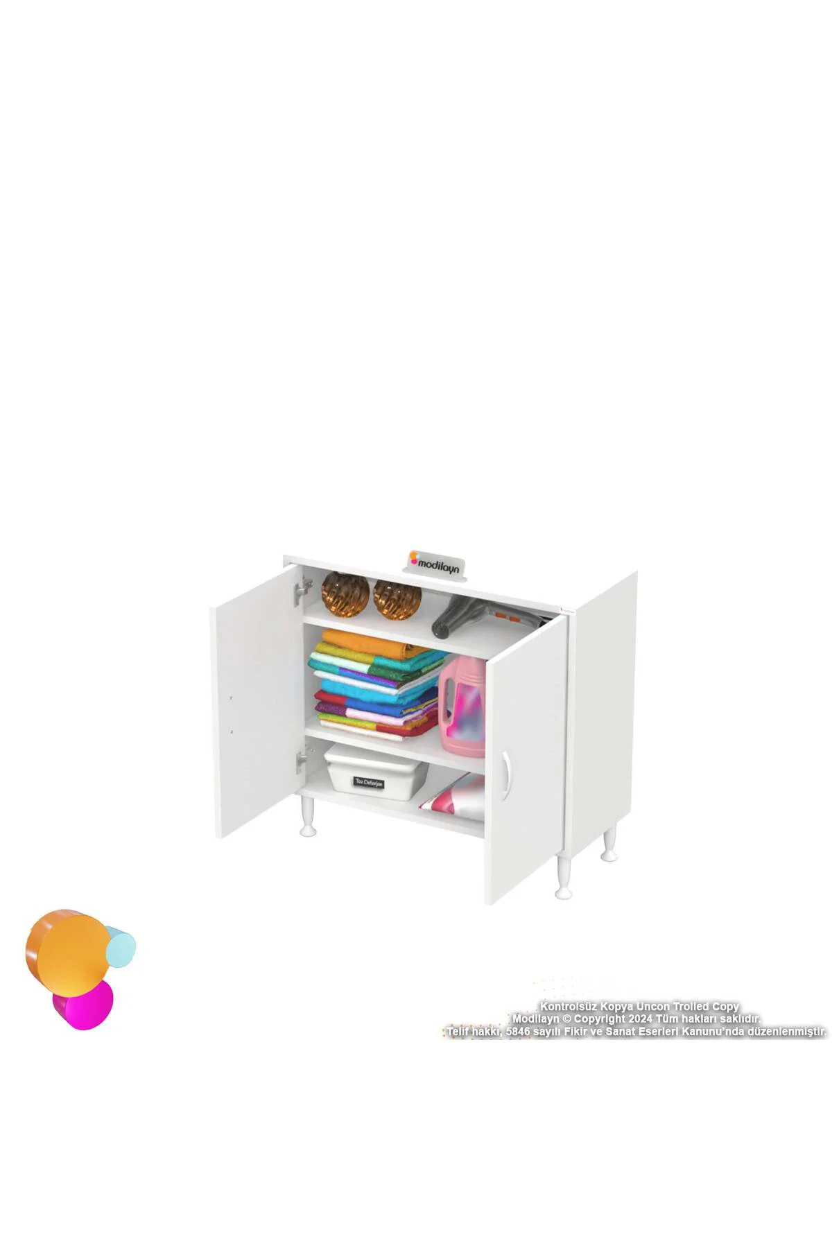 Sabir 75 cm 2 Raflı Beyaz Banyo Mutfak Dolabı 3 Bölmeli Çok Amaçl