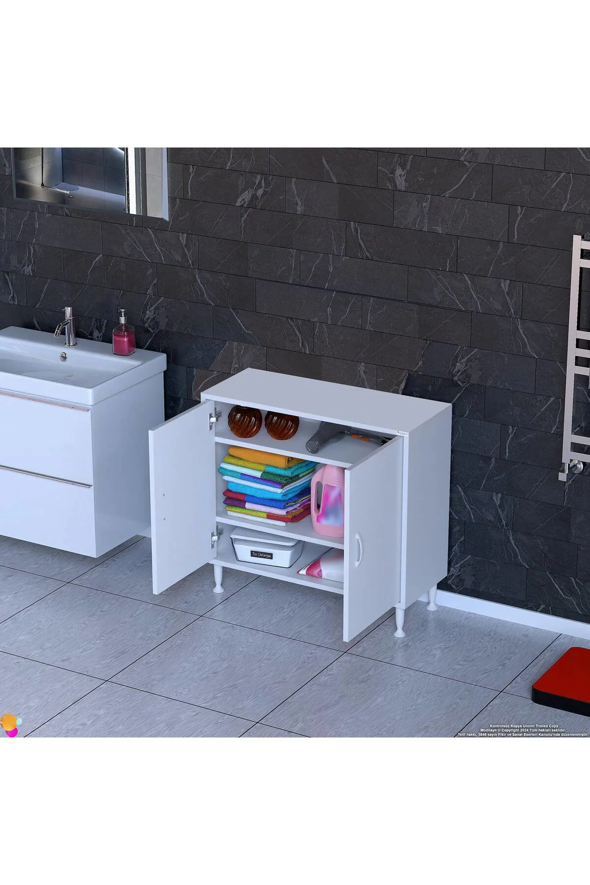 Sabir 80 cm 2 Raflı Beyaz Banyo Mutfak Dolabı 3 Bölmeli Çok Amaçl