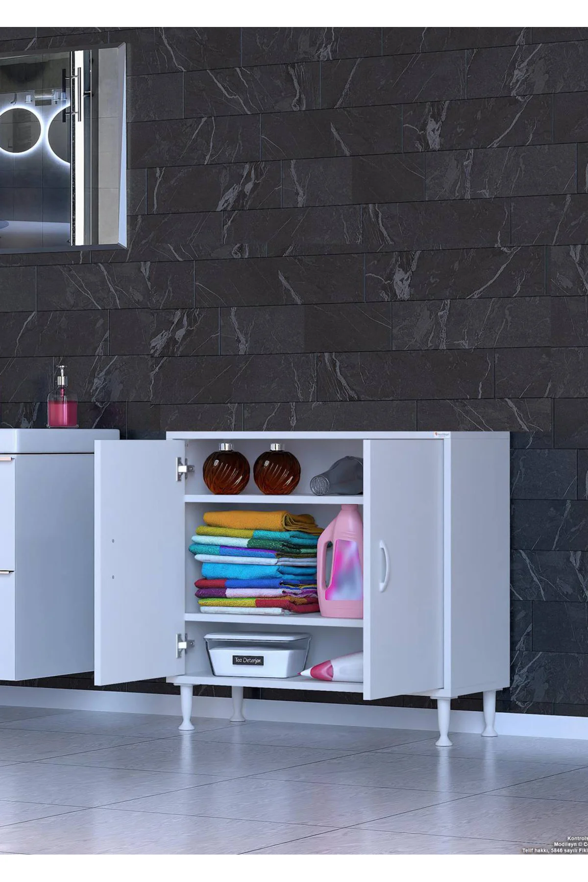 Sabir 80 cm 2 Raflı Beyaz Banyo Mutfak Dolabı 3 Bölmeli Çok Amaçl