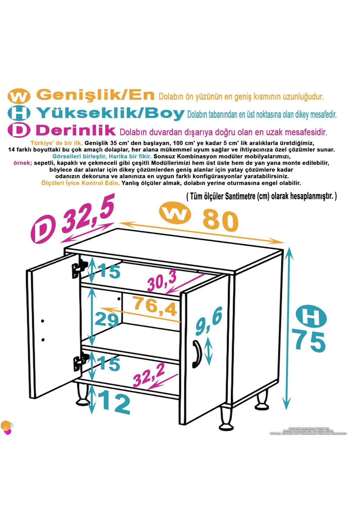 Sabir 80 cm 2 Raflı Beyaz Banyo Mutfak Dolabı 3 Bölmeli Çok Amaçl