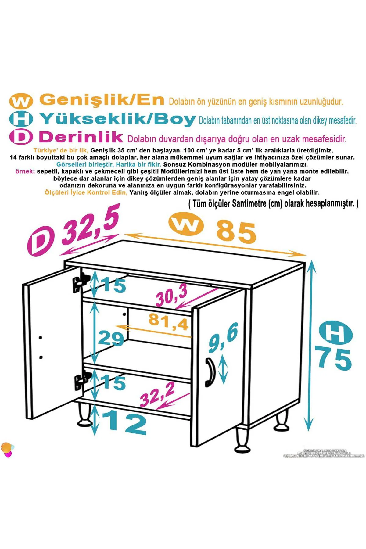 Sabir 85 cm 2 Raflı Beyaz Banyo Mutfak Dolabı 3 Bölmeli Çok Amaçl