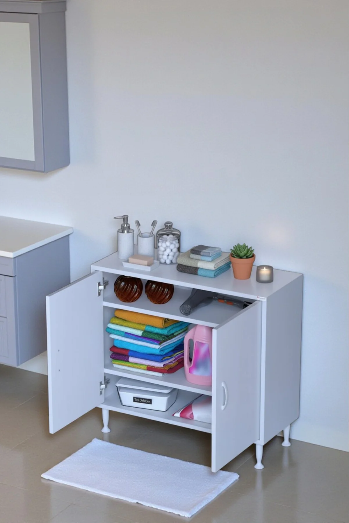 Sabir 85 cm 2 Raflı Beyaz Banyo Mutfak Dolabı 3 Bölmeli Çok Amaçl