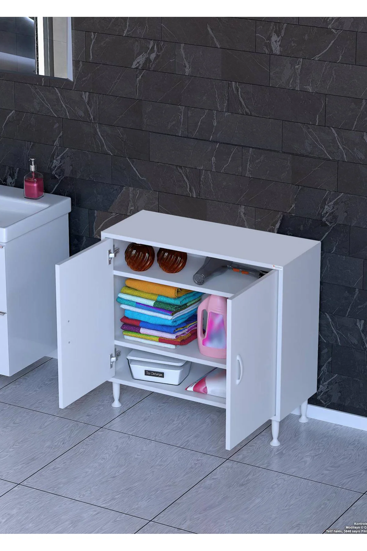 Sabir 85 cm 2 Raflı Beyaz Banyo Mutfak Dolabı 3 Bölmeli Çok Amaçl