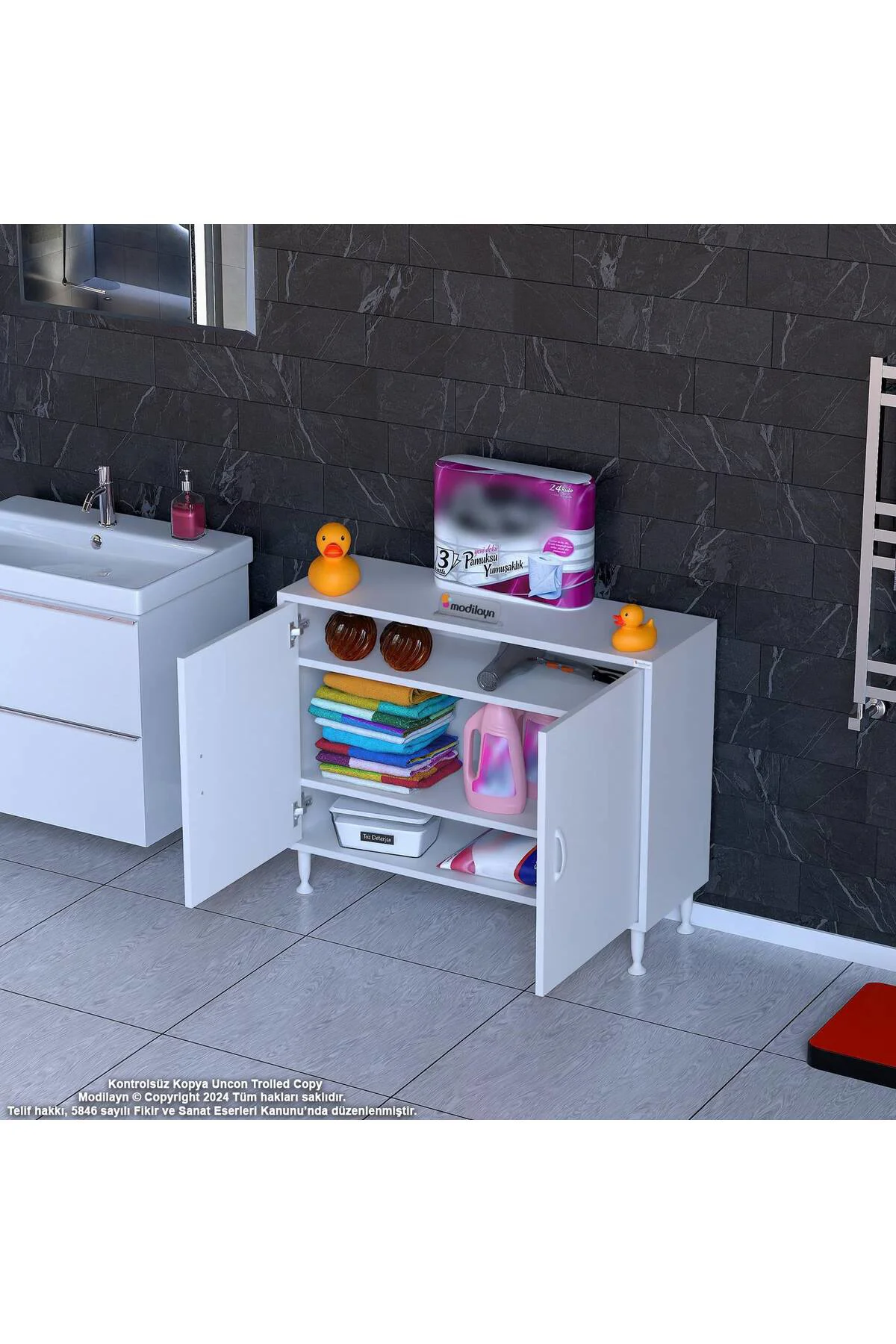 Sabir 90 cm 2 Raflı Beyaz Banyo Mutfak Dolabı 3 Bölmeli Çok Amaçl