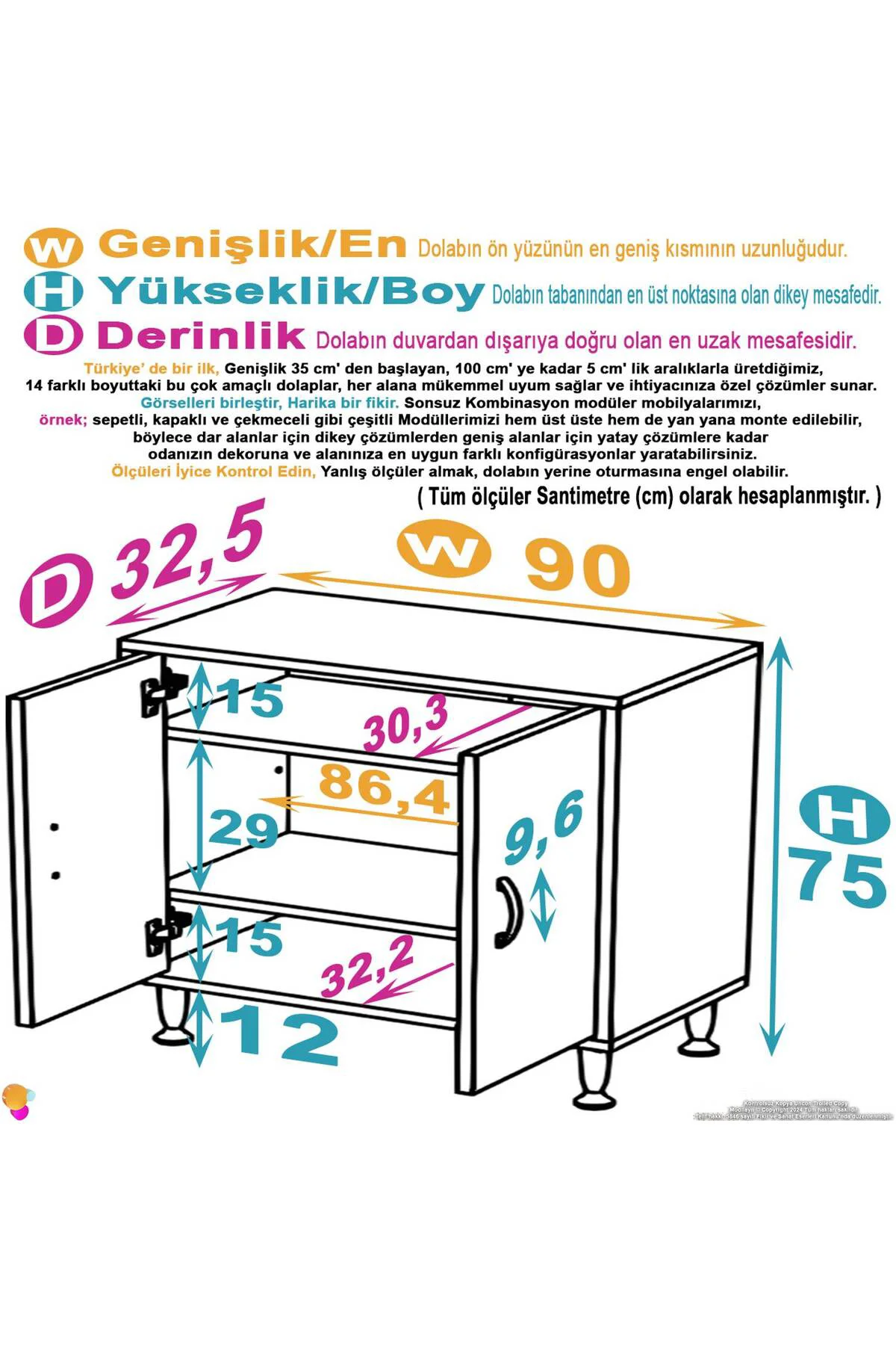 Sabir 90 cm 2 Raflı Beyaz Banyo Mutfak Dolabı 3 Bölmeli Çok Amaçl