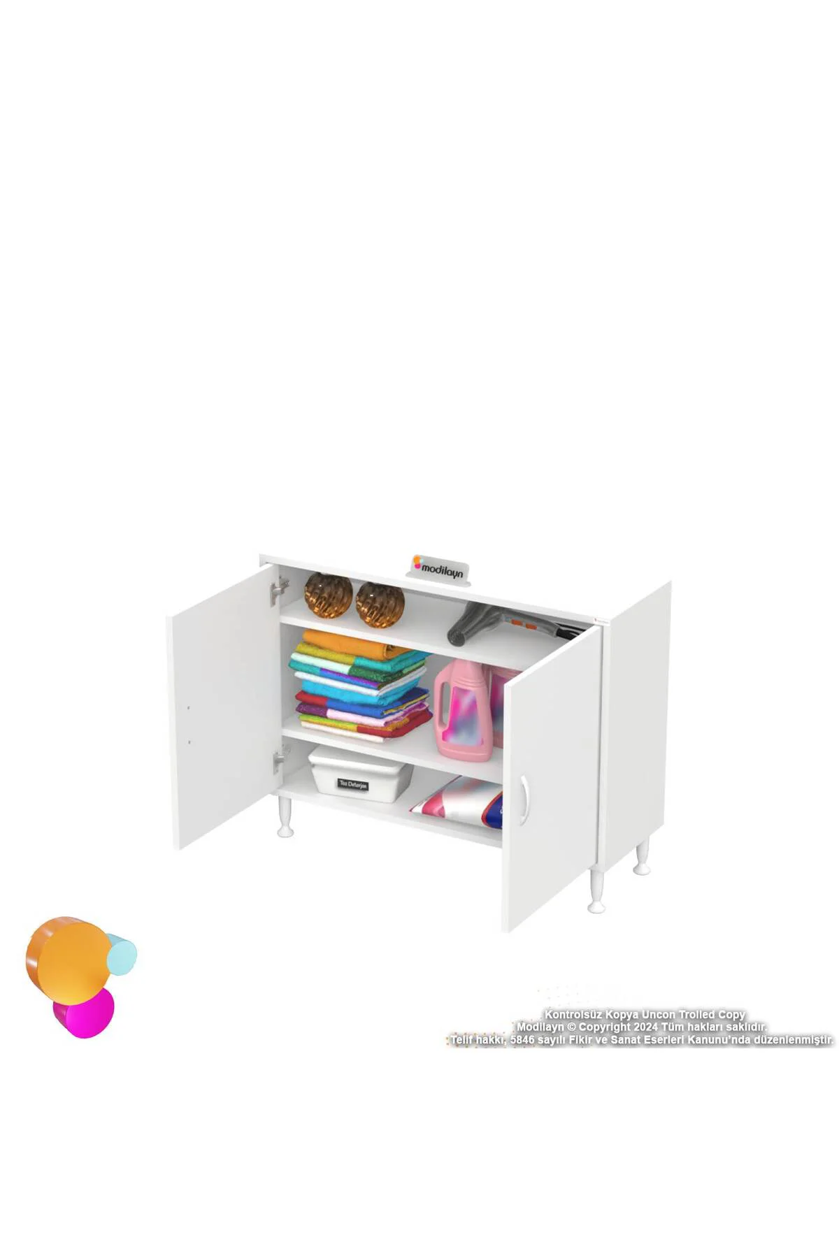 Sabir 90 cm 2 Raflı Beyaz Banyo Mutfak Dolabı 3 Bölmeli Çok Amaçl