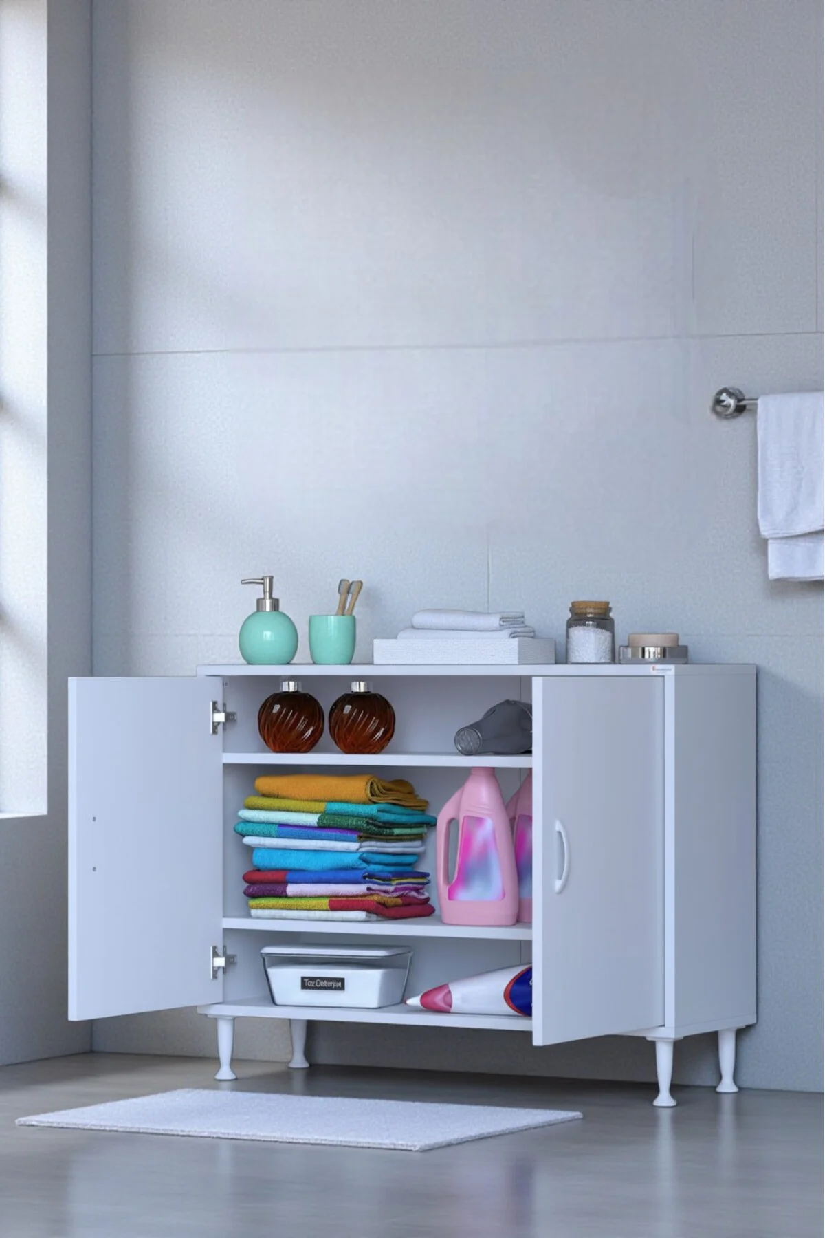 Sabir 90 cm 2 Raflı Beyaz Banyo Mutfak Dolabı 3 Bölmeli Çok Amaçl