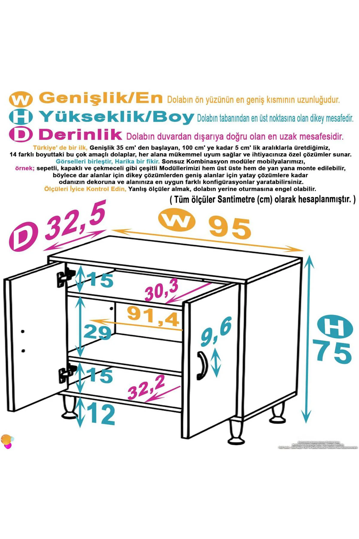 Sabir 95 cm 2 Raflı Beyaz Banyo Mutfak Dolabı 3 Bölmeli Çok Amaçl