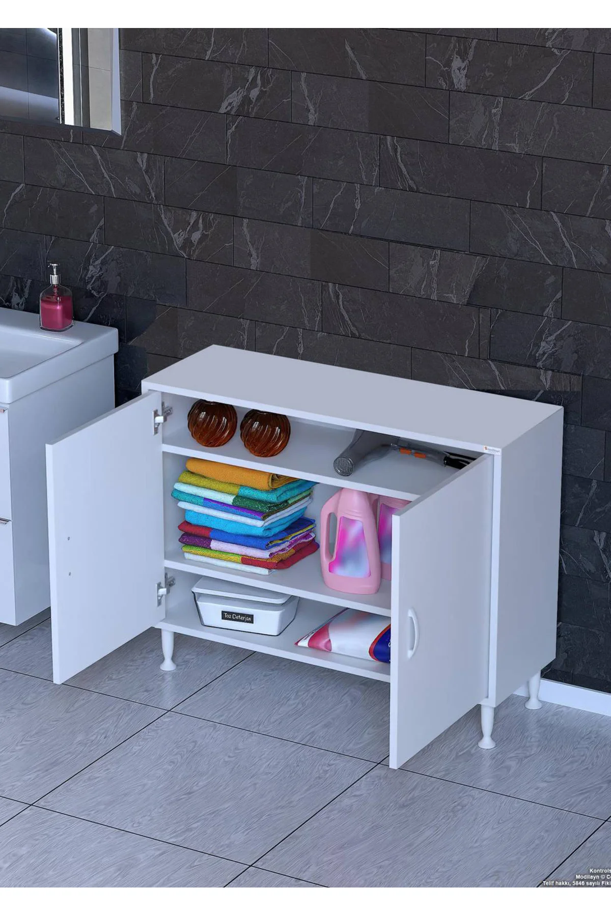 Sabir 95 cm 2 Raflı Beyaz Banyo Mutfak Dolabı 3 Bölmeli Çok Amaçl