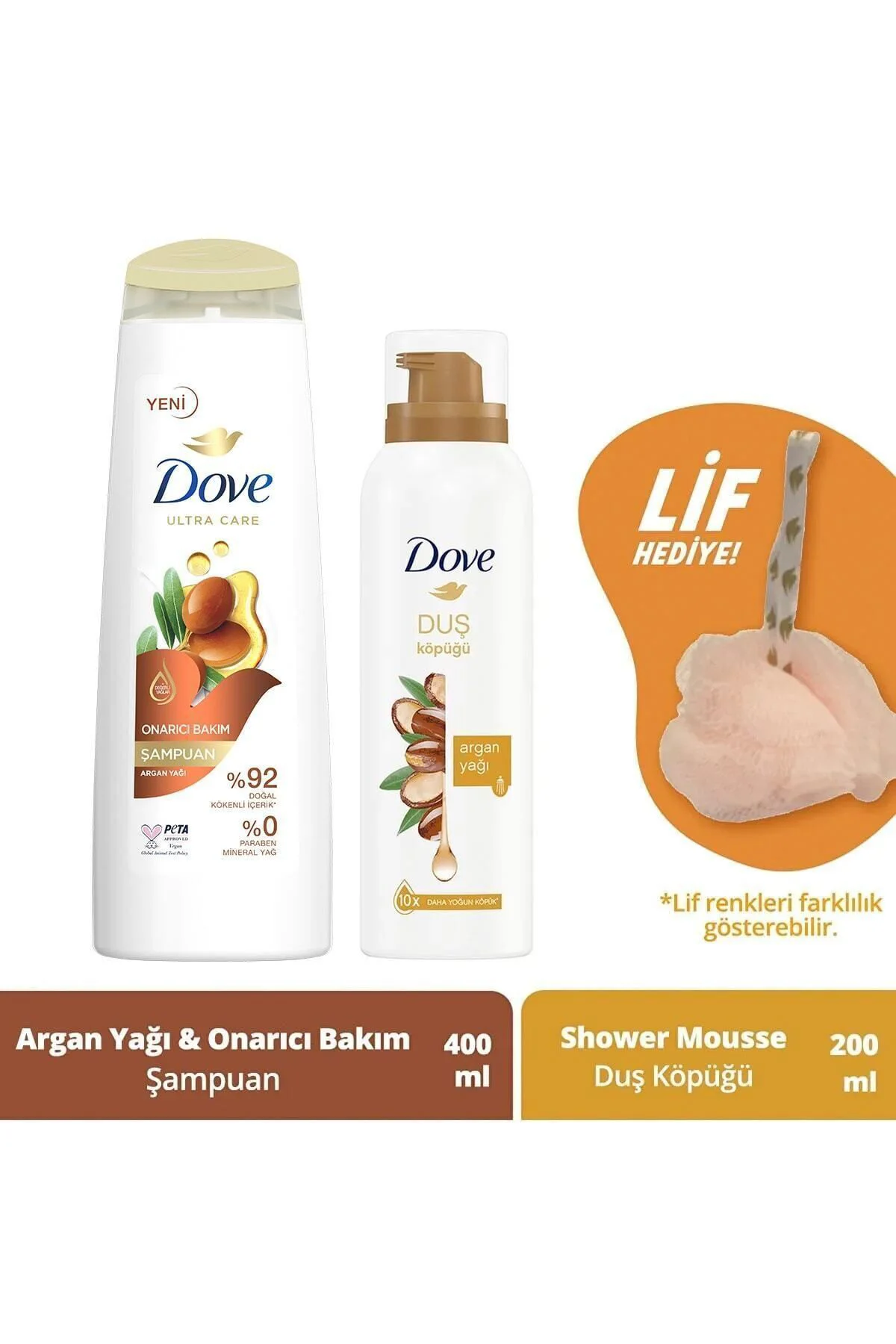 Saç Bakım Şampuanı Argan Yağı 400 ml + Köpük Duş Jeli Argan Yağı 200 ml + Duş Lifi Saç Bakım Şampuanı Argan Yağı 400 ml + Köpük Duş Jeli Argan Yağı 200 ml + Duş Lifi