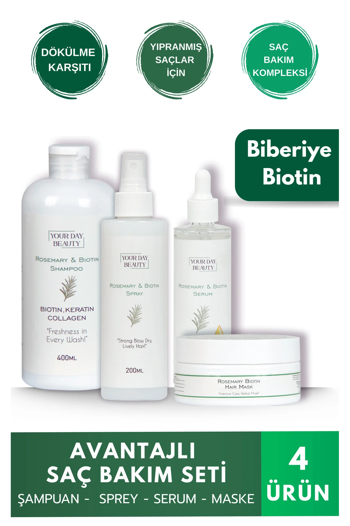 Saç Bakım Seti – Dökülme Karşıtı Biotin Keratin Kolajen Biberiye 