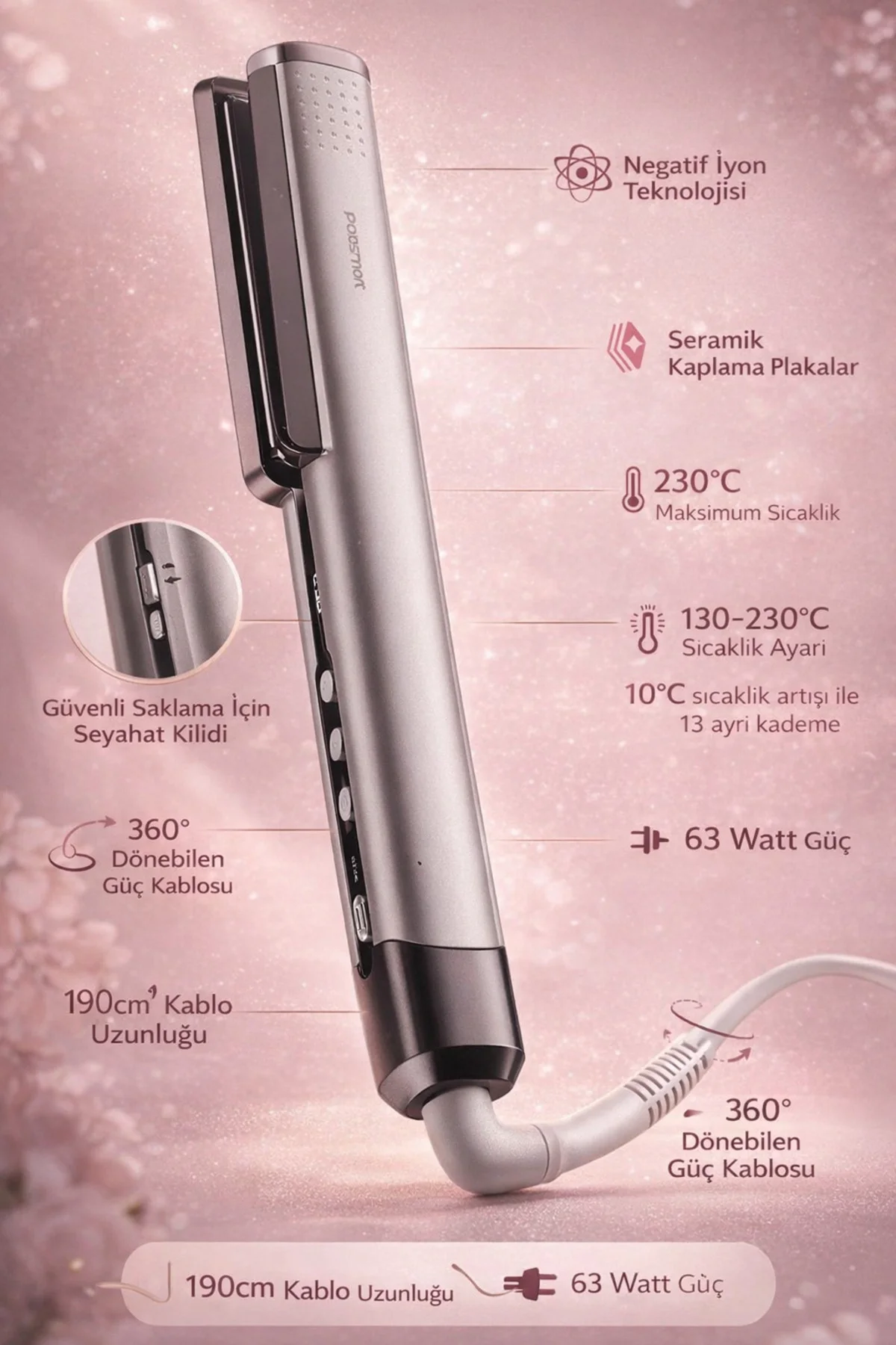 SAÇ DÜZLEŞTİRİCİ 13 Kademeli Sıcaklık - İyon Teknolojisi - Serami