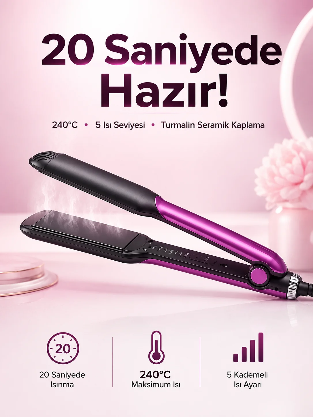 Saç Düzleştirici Isı Ayarlı Seramik Kaplama Döner Kablo Yıpranma Karşıtı
