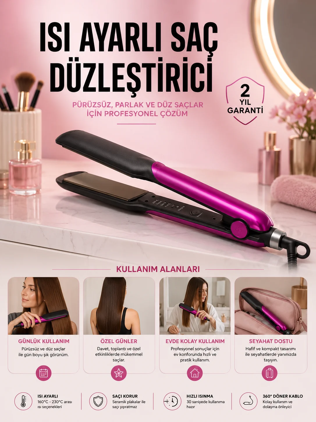 Saç Düzleştirici Isı Ayarlı Seramik Kaplama Döner Kablo Yıpranma Karşıtı Saç Düzleştirici Isı Ayarlı Seramik Kaplama Döner Kablo Yıpranma Karşıtı