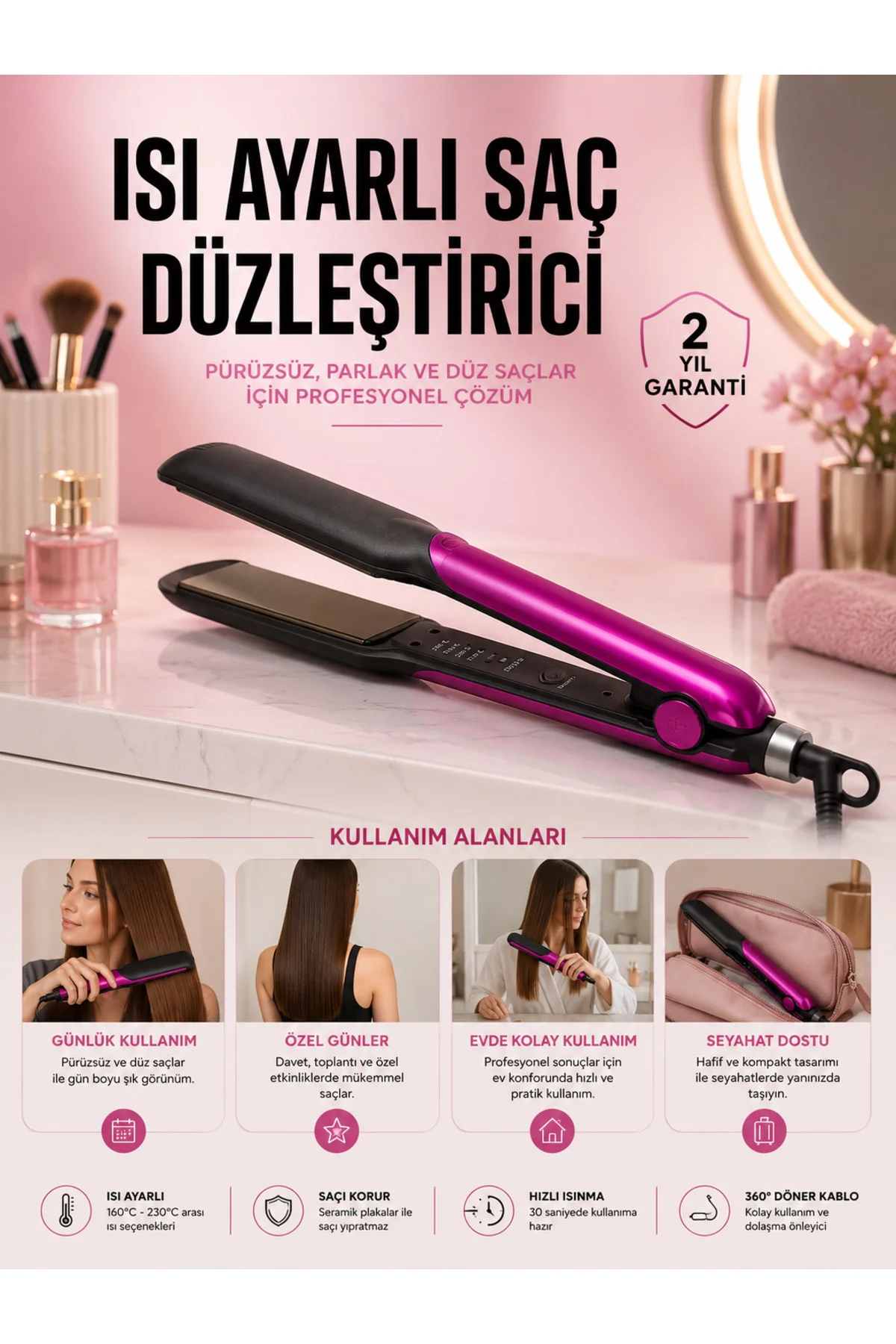 Saç Düzleştirici Isı Ayarlı Seramik Kaplama Döner Kablo Yıpranma 
