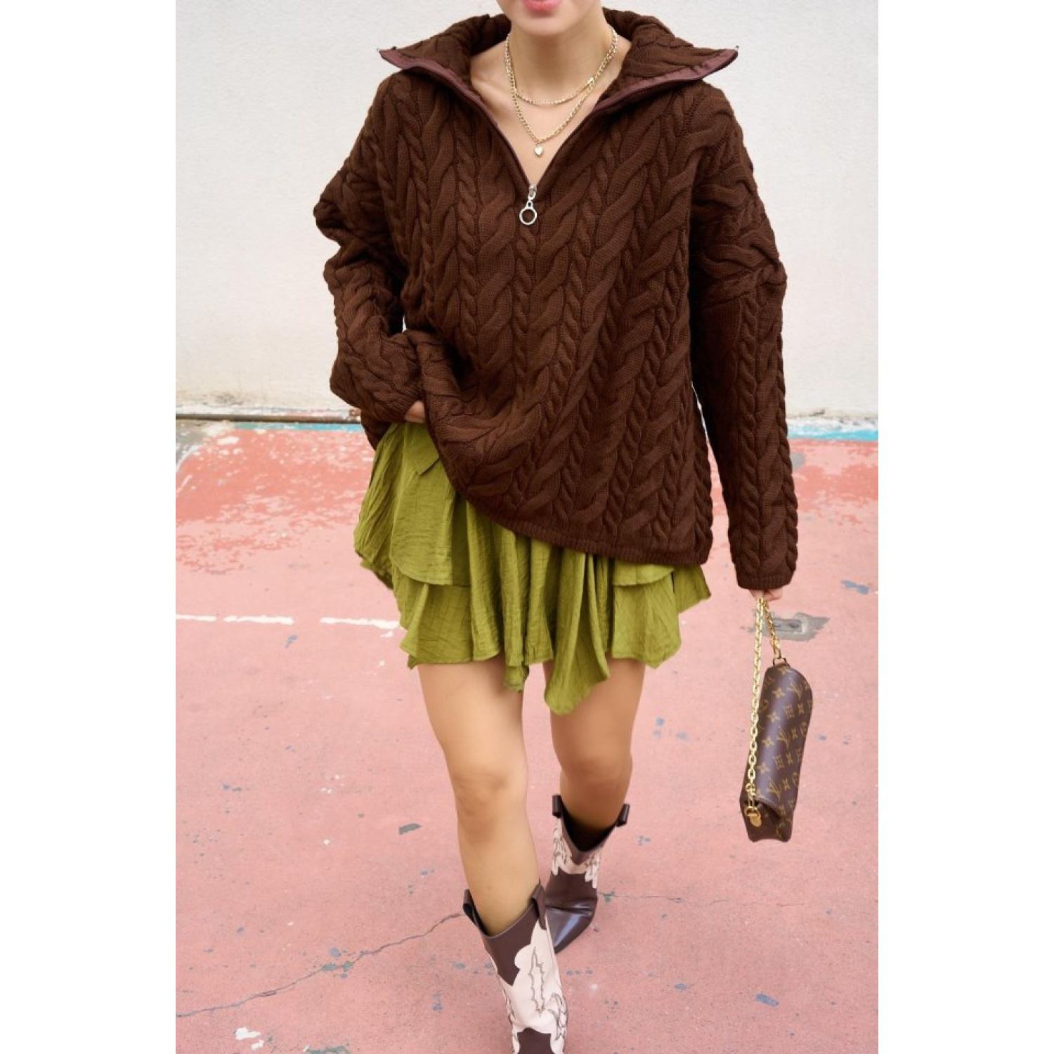 Saç Örgülü Fermuarlı Kazak - Acı Kahve