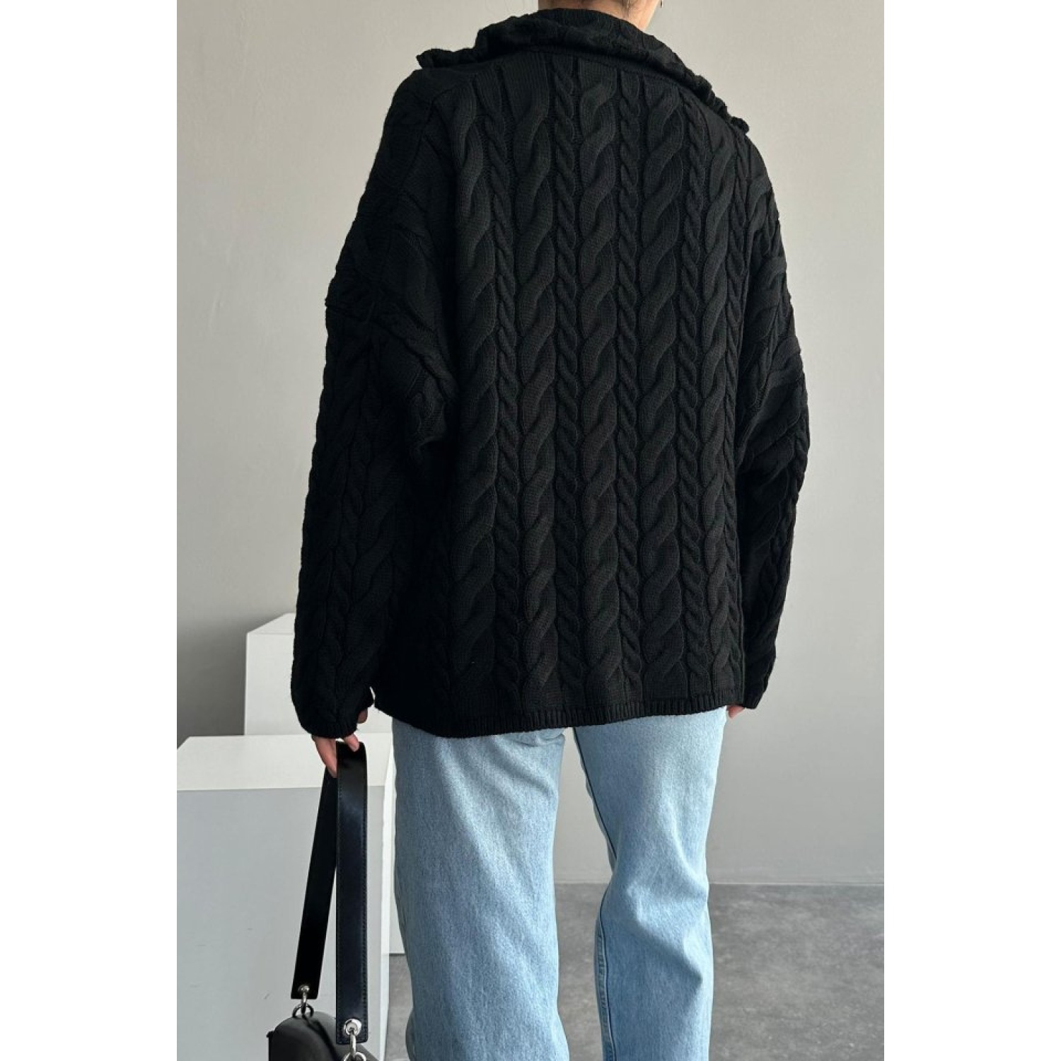 Saç Örgülü Fermuarlı Kazak - Siyah