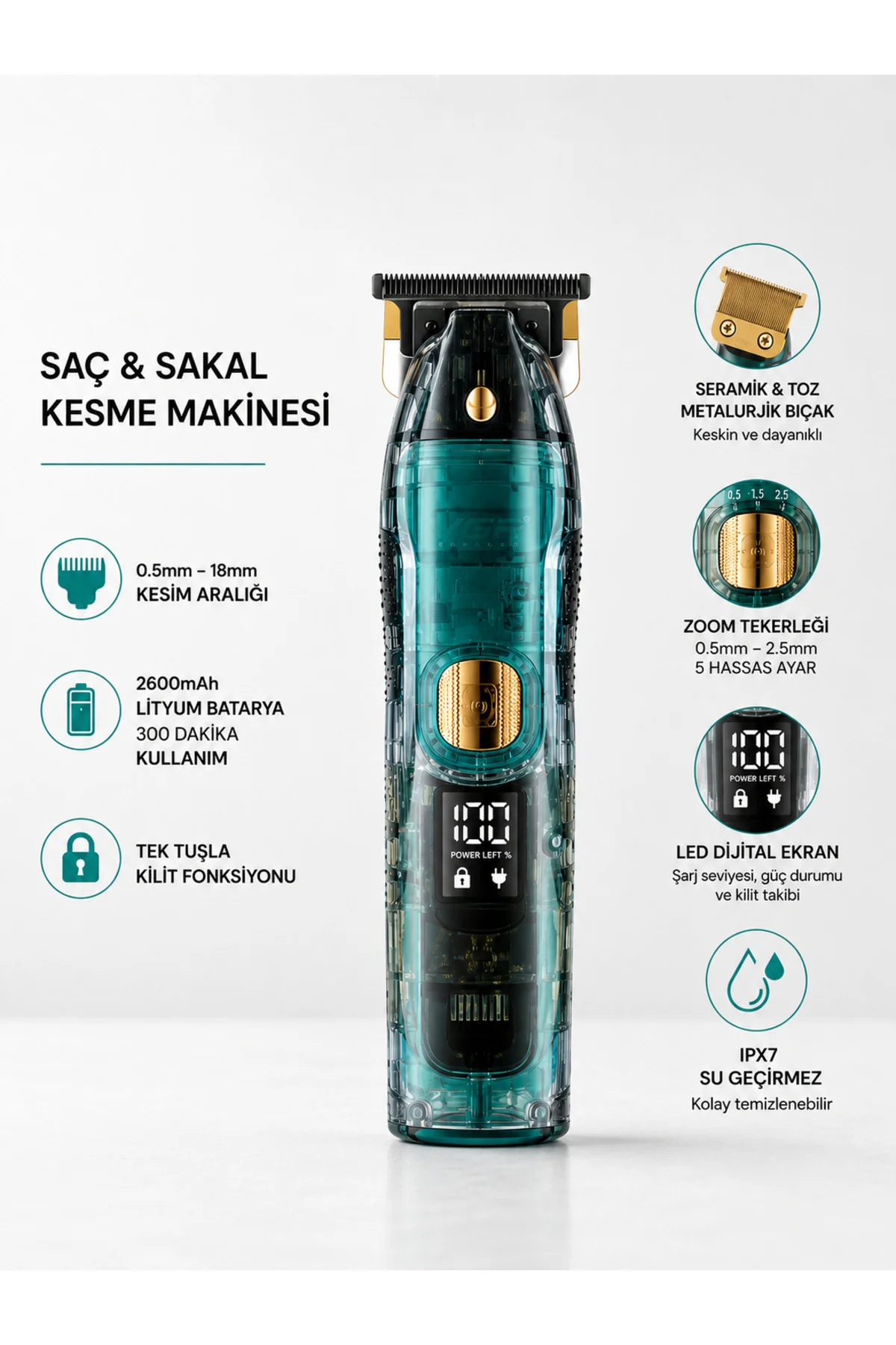 Saç ve Sakal Kesme Makinesi LED Ekranlı Profesyonel 5 Adet Uzunlu
