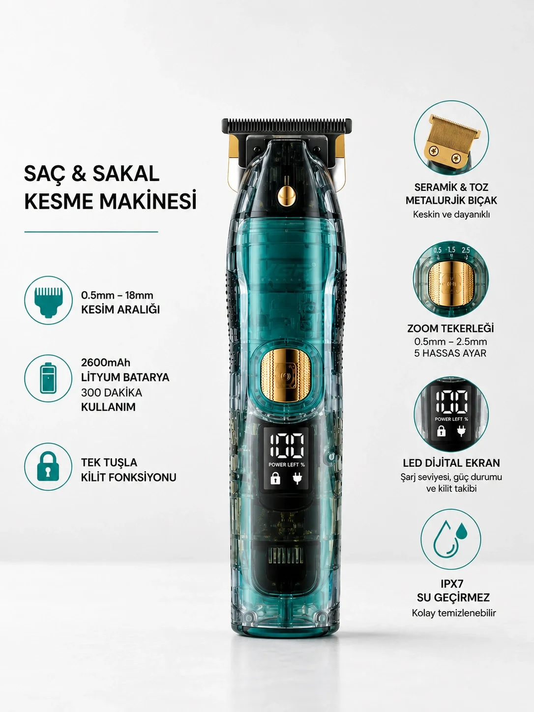 Saç ve Sakal Kesme Makinesi LED Ekranlı Profesyonel  5 Adet Uzunluk Ayarı