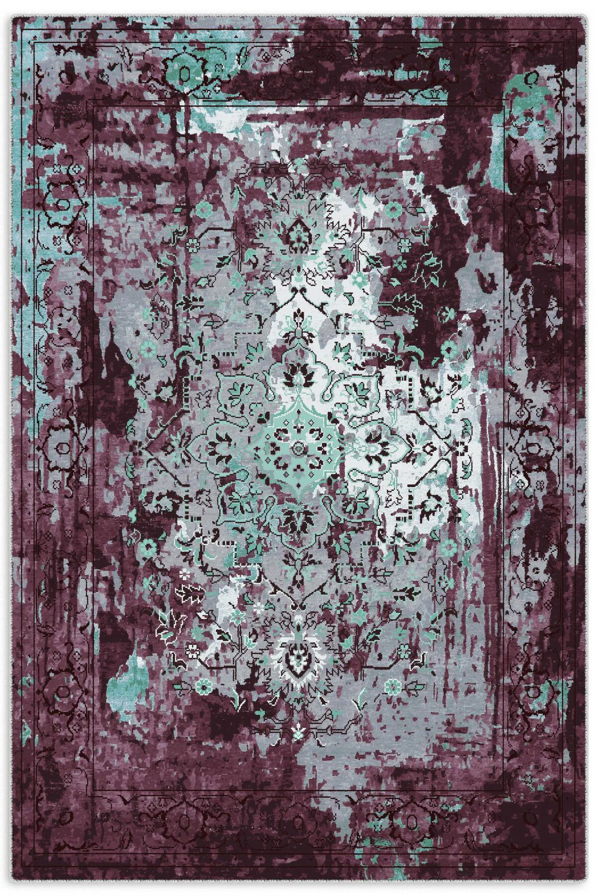 Saçaklı Şönil Pamuk Dekoratif Halı Kilim Yolluk Mor Mint Yeşili K