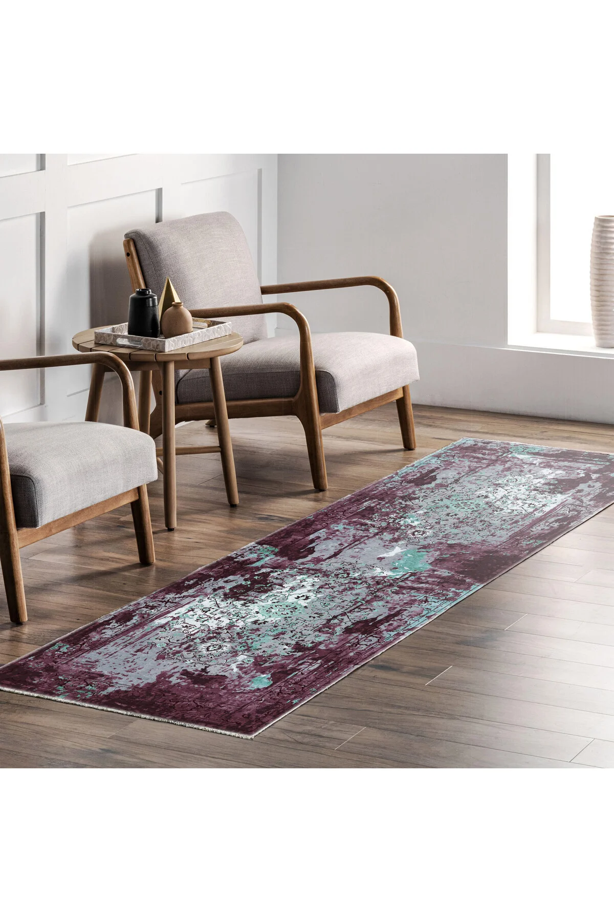 Saçaklı Şönil Pamuk Dekoratif Halı Kilim Yolluk Mor Mint Yeşili K
