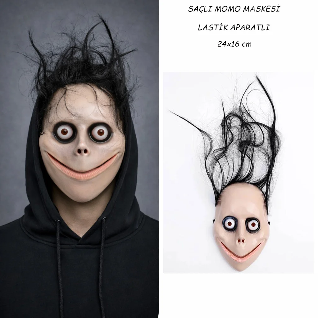 Saçlı Momo Korku Maskesi 24x16 cm – Gerçekçi Kostüm Maskesi