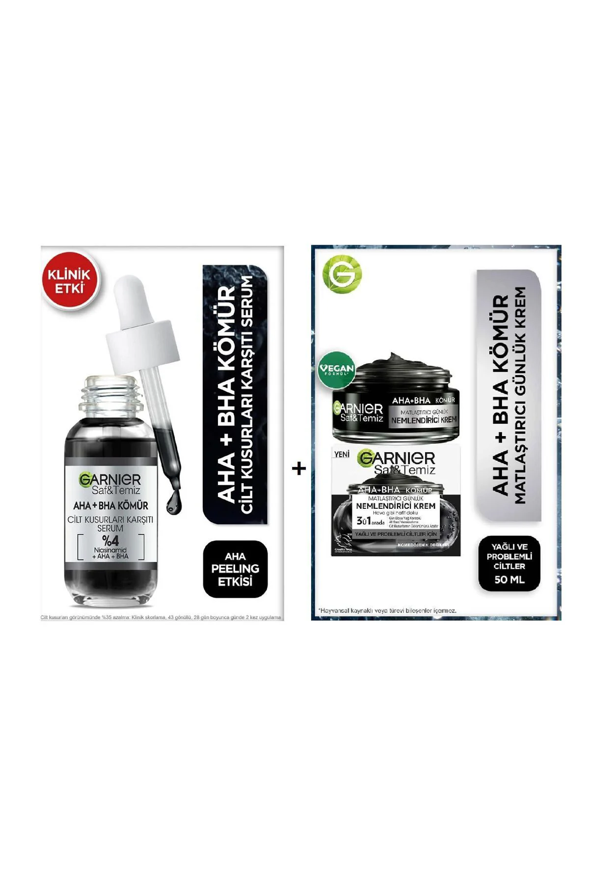 Saf Ve Temiz Kömür Matlaştırıcı Nemlendirici Krem 50ml & Aha Bha Cilt Kusurları Karşıtı Serum 30ml