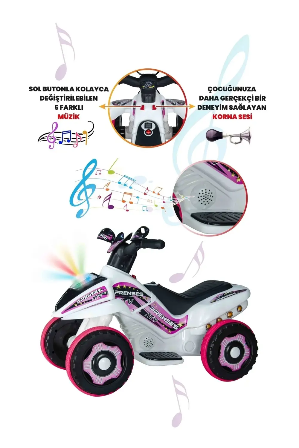 Safari Beyaz Prenses Müzikli ve Led Işıklı Akülü Bingit Atv 6V