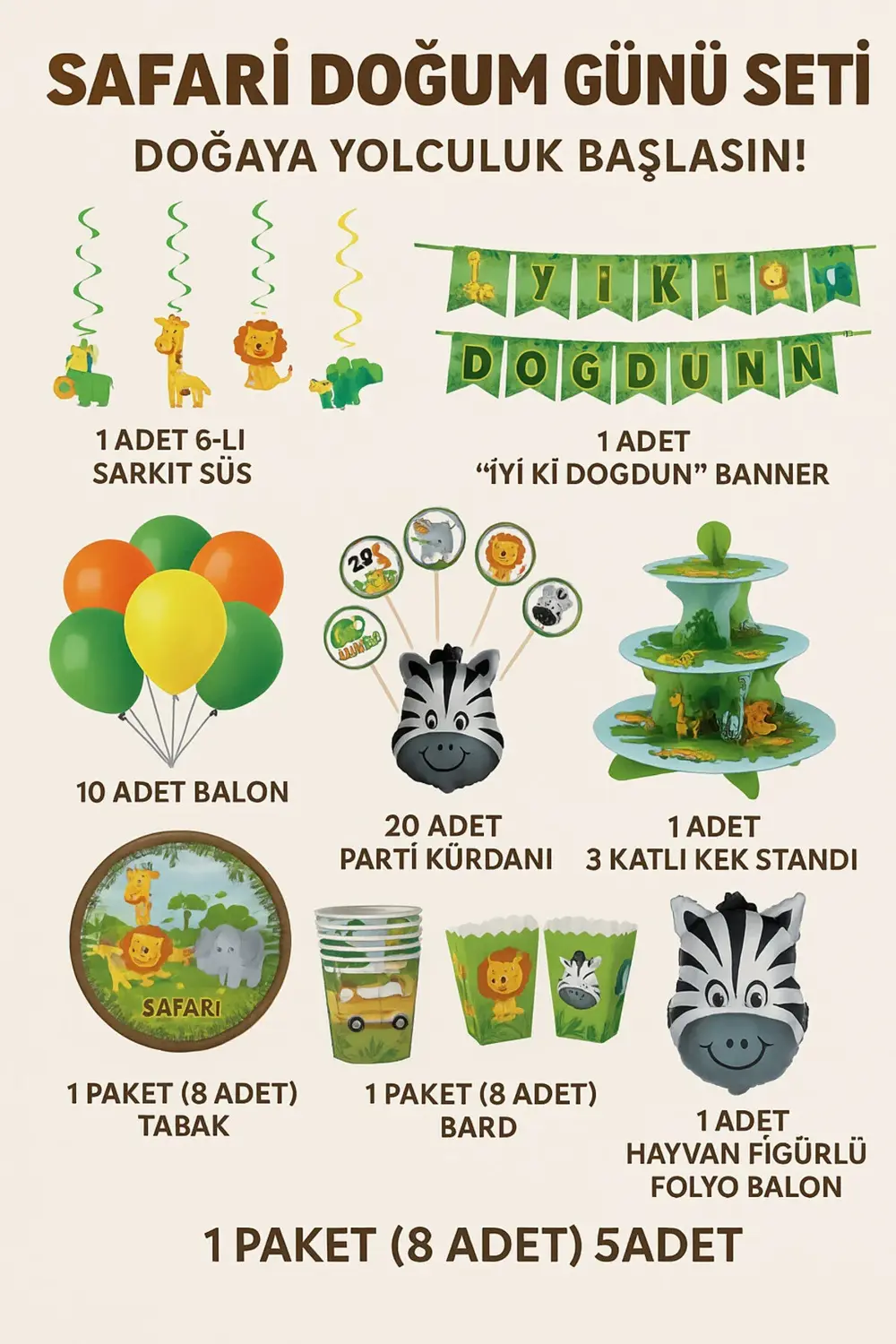 Parti Kırtasiye Safari Temalı Doğum Günü Parti Seti 40 Kişilik - Hayvan Figürlü S