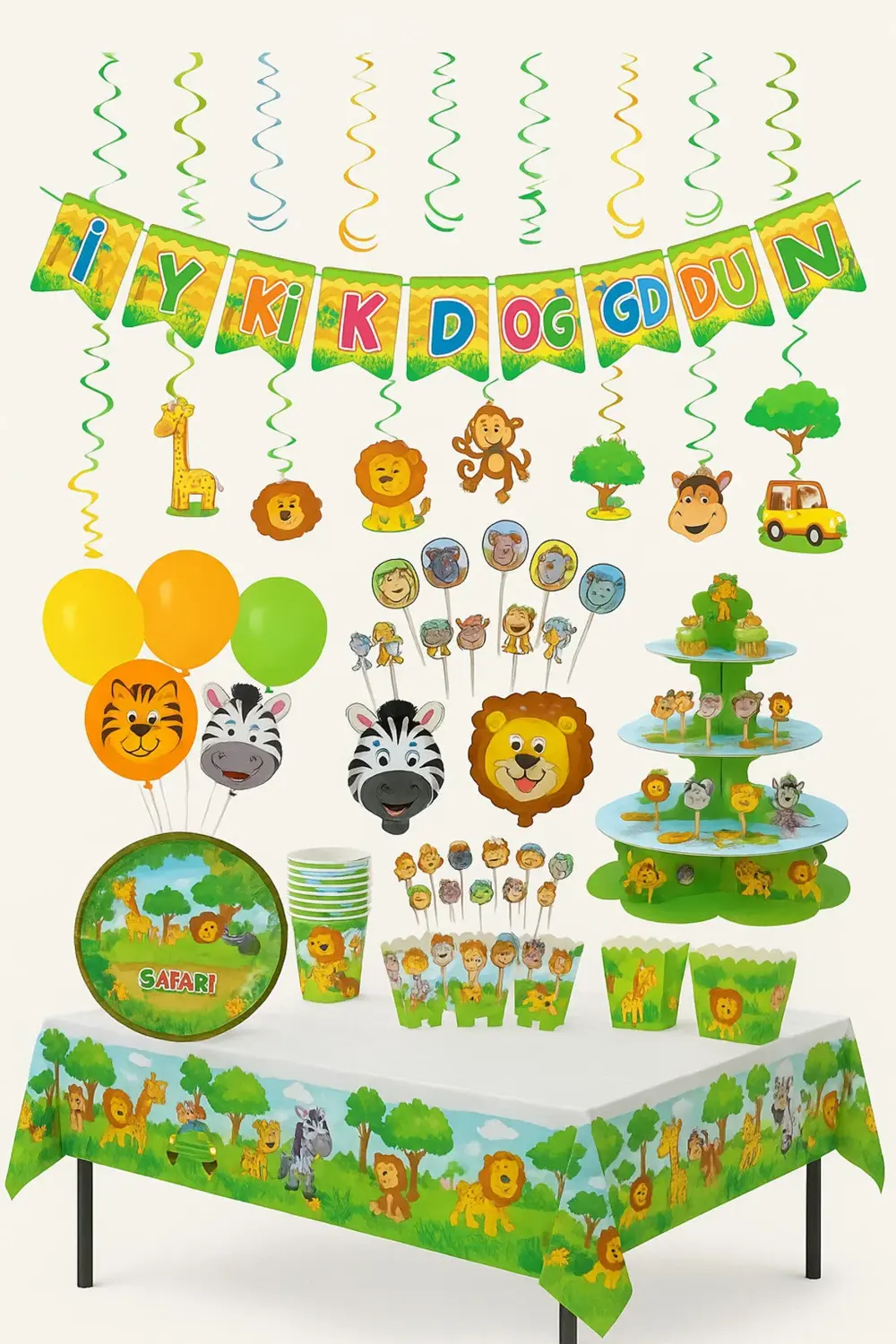 Parti Kırtasiye Safari Temalı Doğum Günü Parti Seti 40 Kişilik - Hayvan Figürlü S