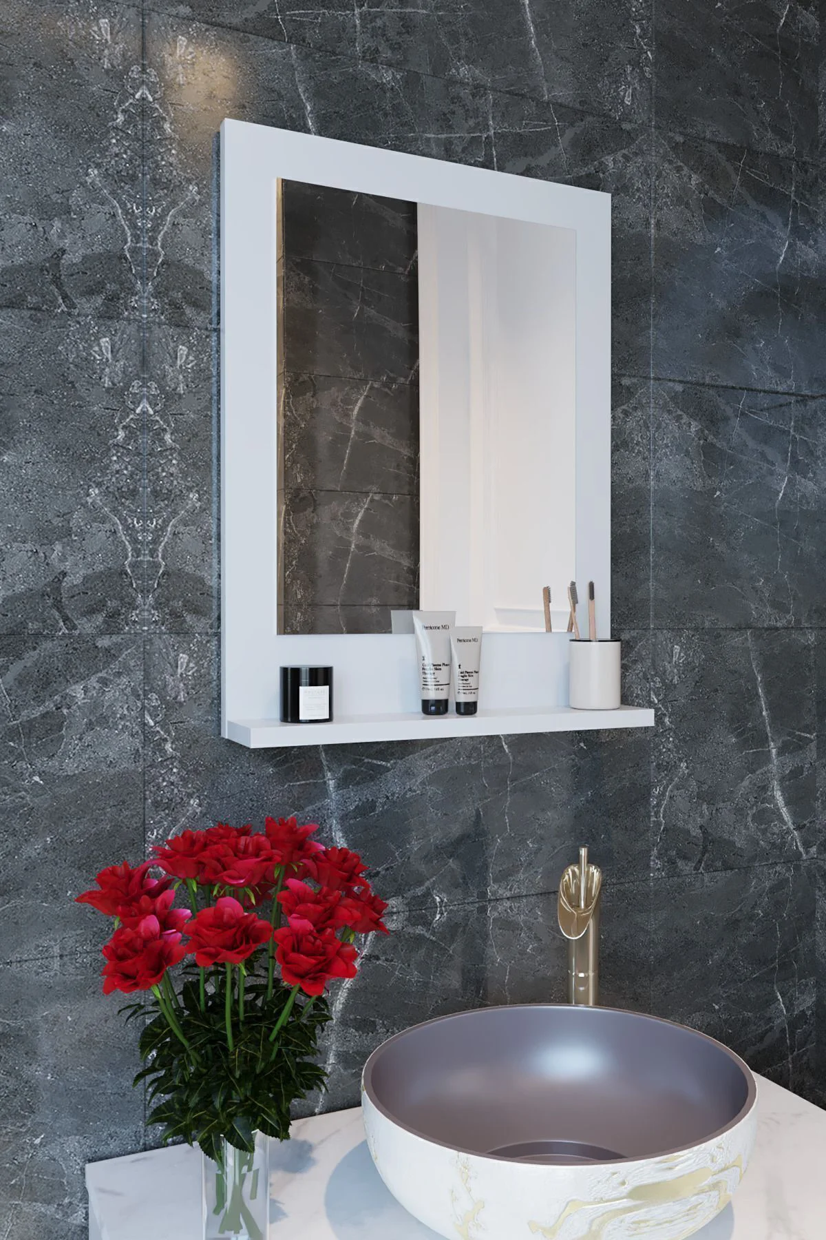 Safir Banyo Aynası, Dresuar,60x45 Beyaz Raflı Banyo Aynası
