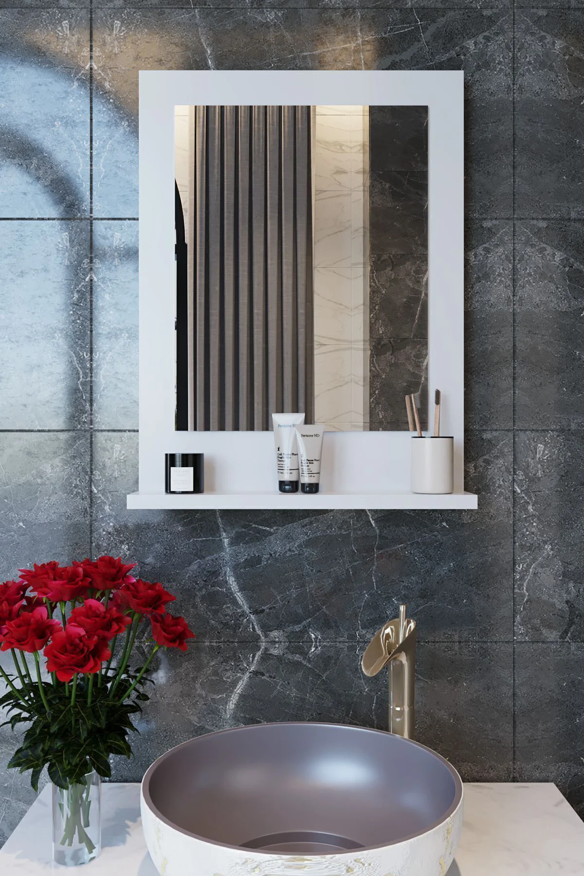 Safir Banyo Aynası, Dresuar,60x45 Beyaz Raflı Banyo Aynası