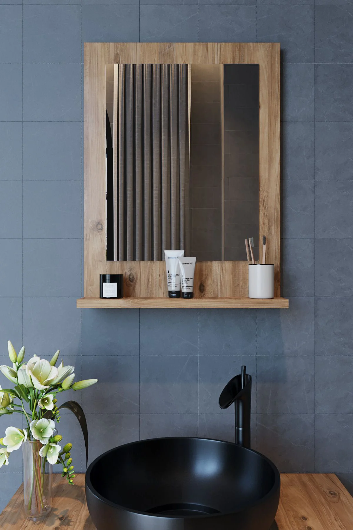 Safir Banyo Aynası, Dresuar,60x45 Atlantik Çam Raflı Banyo Aynası