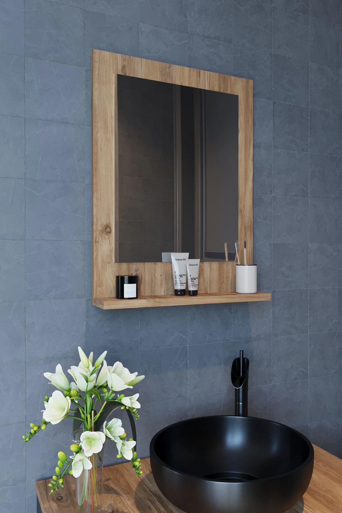 Safir Banyo Aynası, Dresuar,60x45 Atlantik Çam Raflı Banyo Aynası