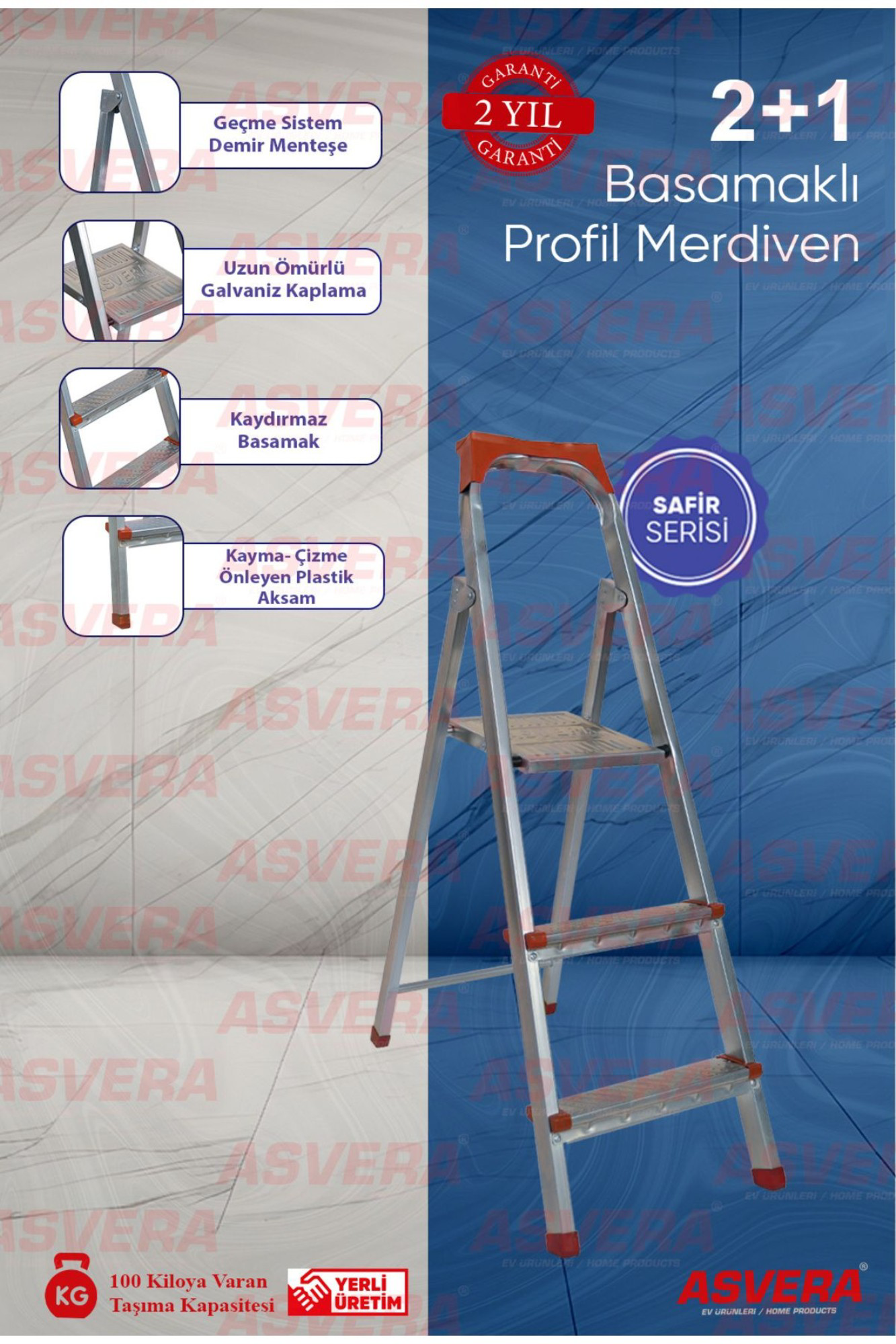 Asvera  2+1 Basamaklı Profil Merdiven – Hafif, Kaymaz, Ev & İş Yer