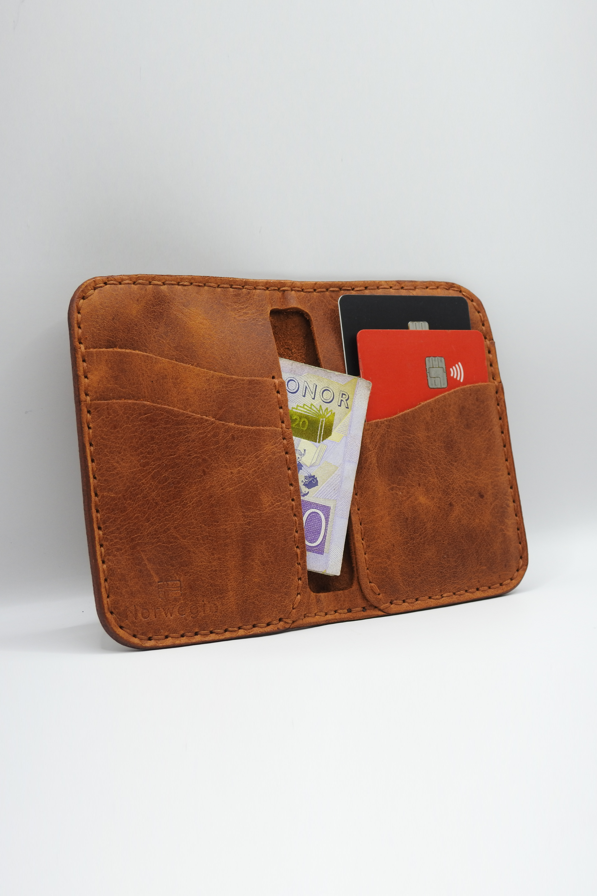 Norwegia Saga Kartlık Cüzdan %100 Hakiki Deri El Yapımı - Taba