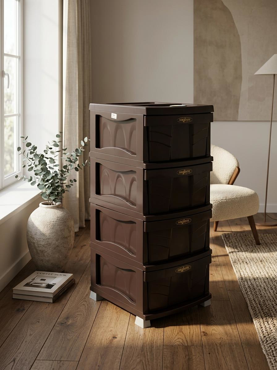 Sağlam Plastik Elegant Düz Komidin (4 Çekmeceli Sebzelik) Kahvere