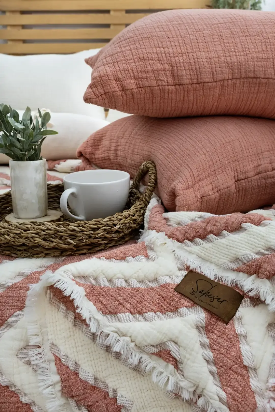Şaheser Home Collection  Müslin Yatak Örtüsü Seti Çift Kişilik Sonia Kiremit