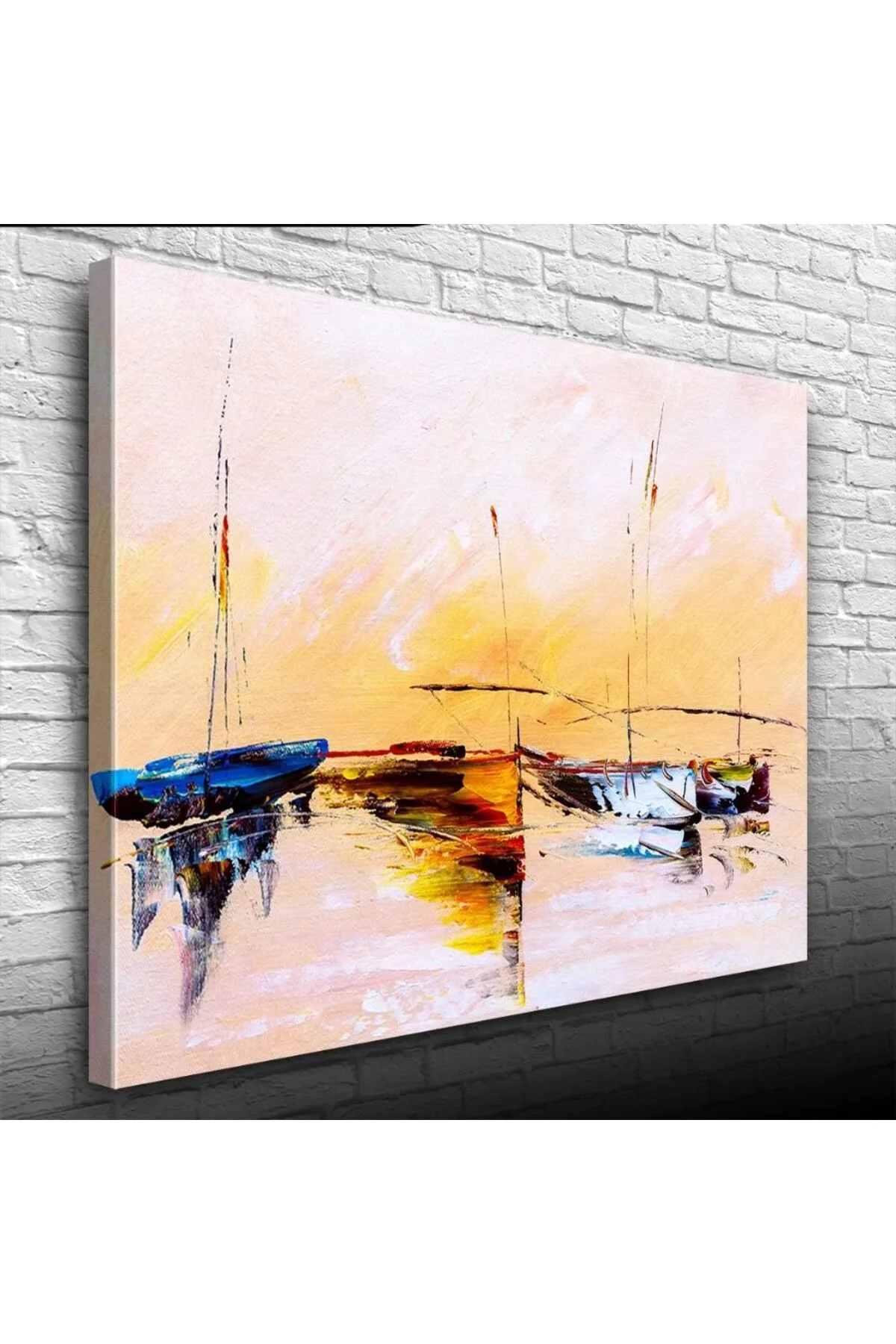 Sahilde Demirli Yelkenliler Yağlıboya Kanvas Tablo 50 x 70