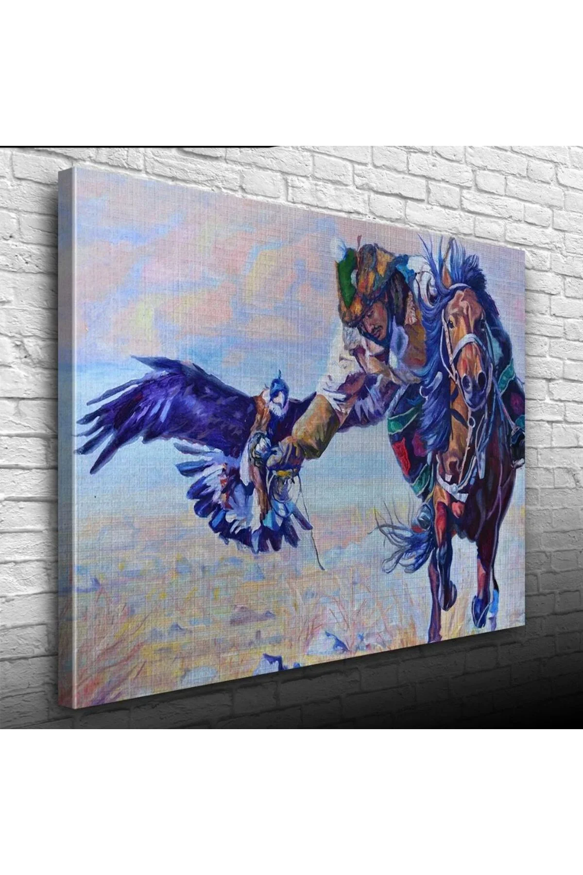 Şahin İle Avlanan Atlı Yağlıboya Kanvas Tablo 50 x 70