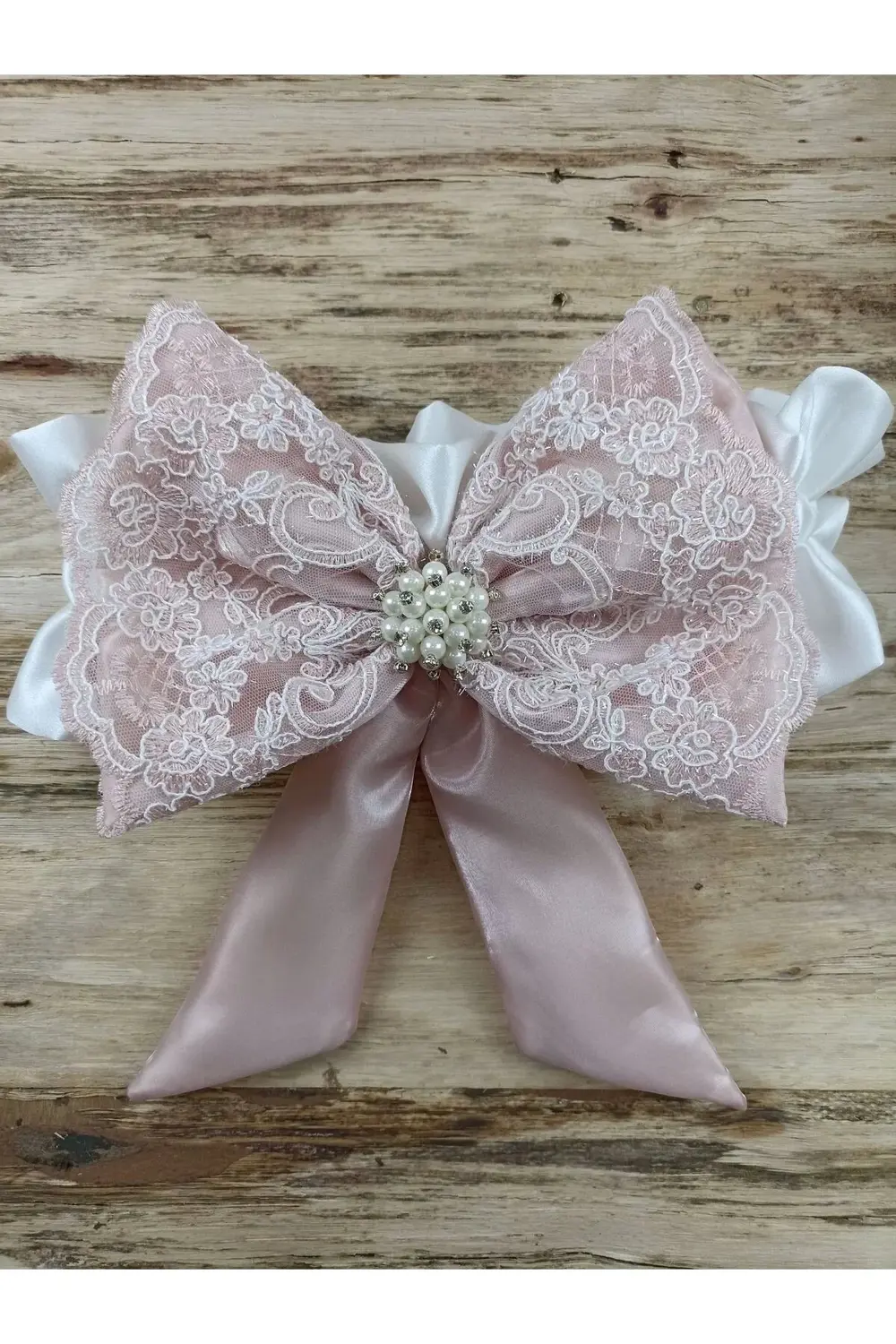 Sahra Taç Nakışlı İnci Ve Dantel Fiyonklu Çift Dantel Duvaklı Tri