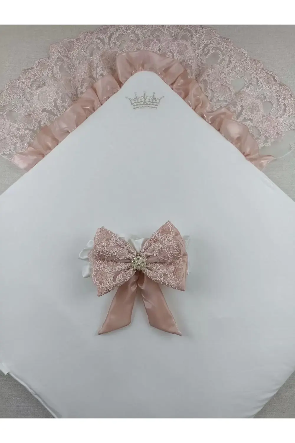 Sahra Taç Nakışlı İnci Ve Dantel Fiyonklu Çift Dantel Duvaklı Tri