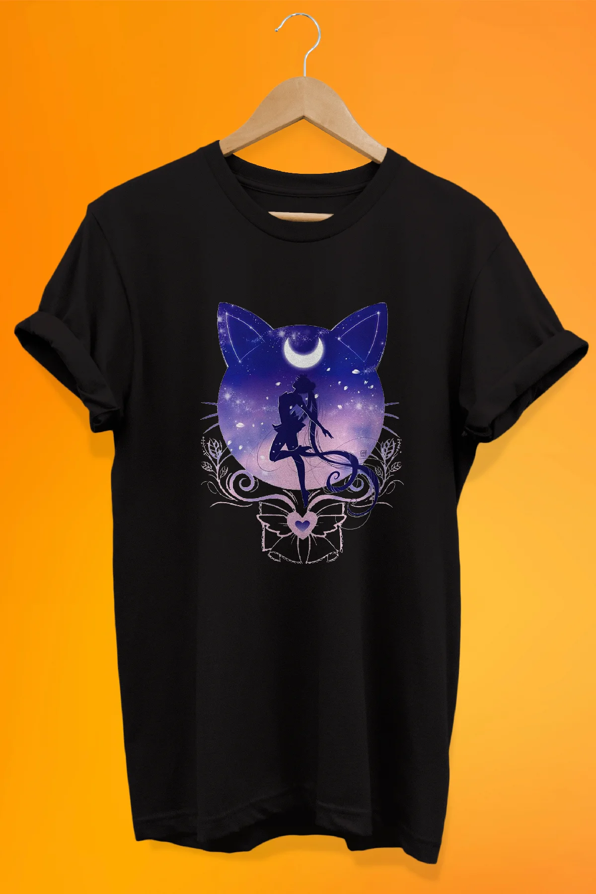Sailor Moon Baskılı, %100 Pamuk, Siyah, Oversize T-shirt