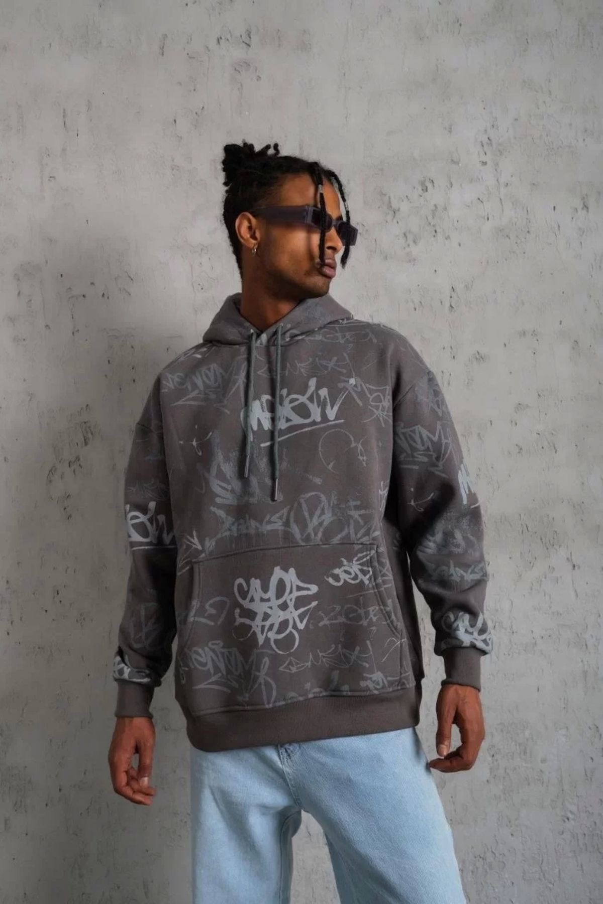 Şair Erkek Baskılı Kapüşonlu Ribanalı Sweat - Gri