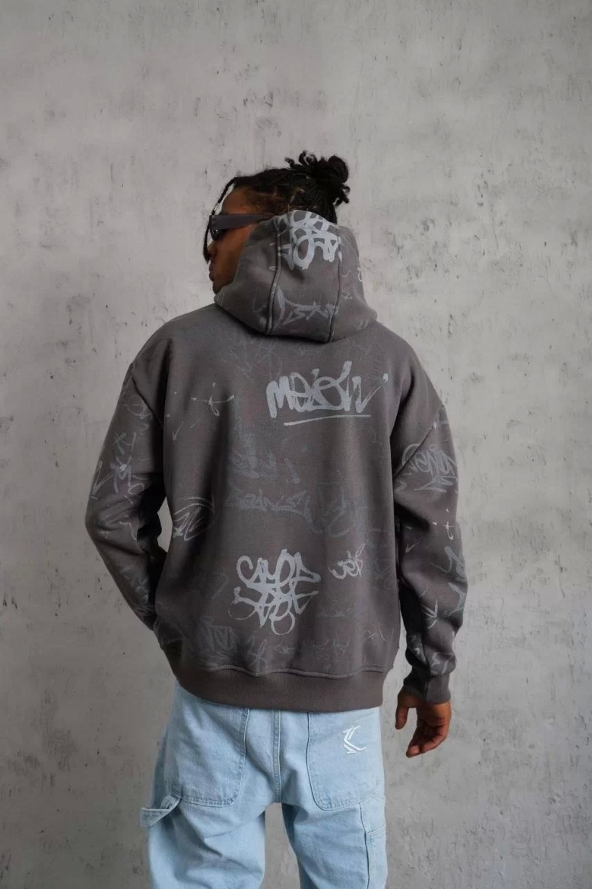 Şair Erkek Baskılı Kapüşonlu Ribanalı Sweat - Gri