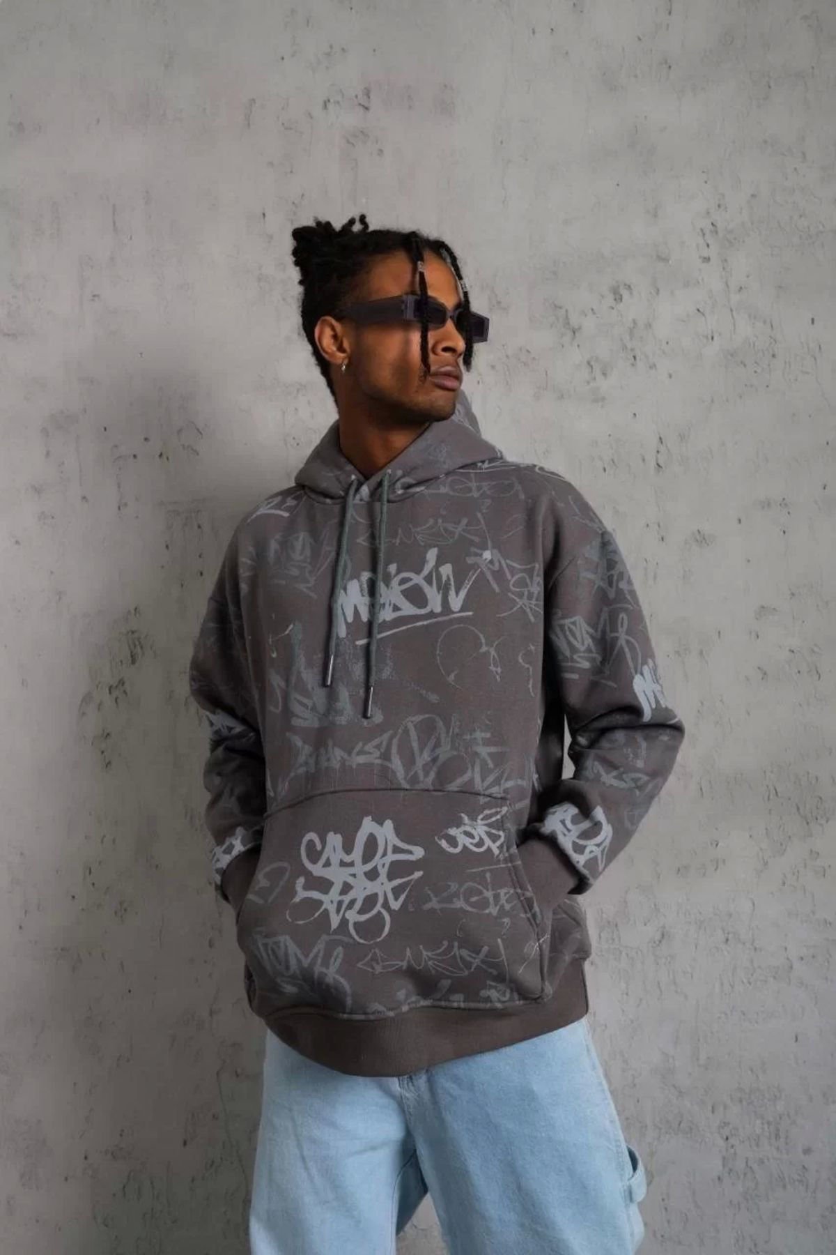 Şair Erkek Baskılı Kapüşonlu Ribanalı Sweat - Gri