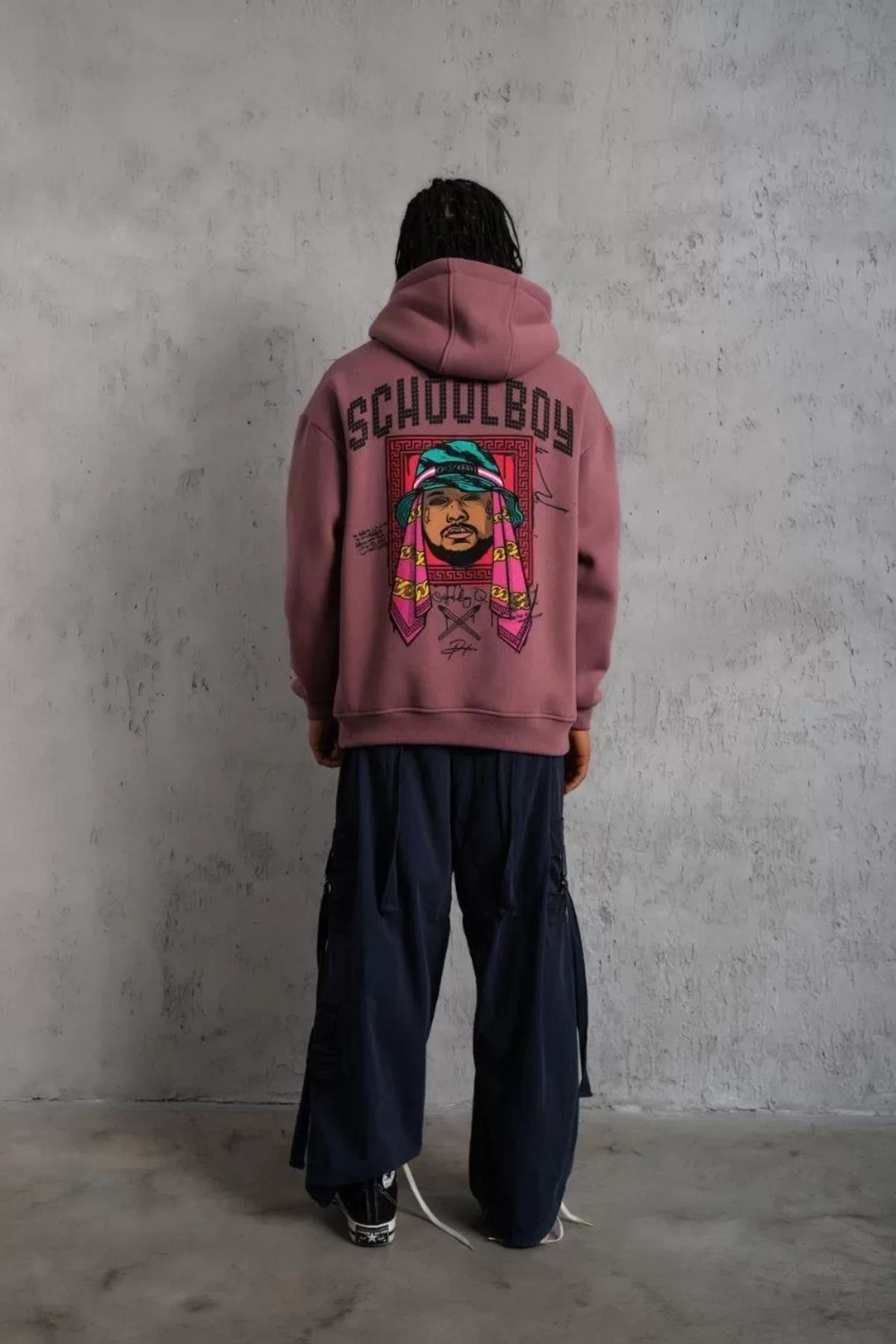 Şair Erkek SCHOOL BOY Baskılı Kapüşonlu Sweat - Gül Kurusu