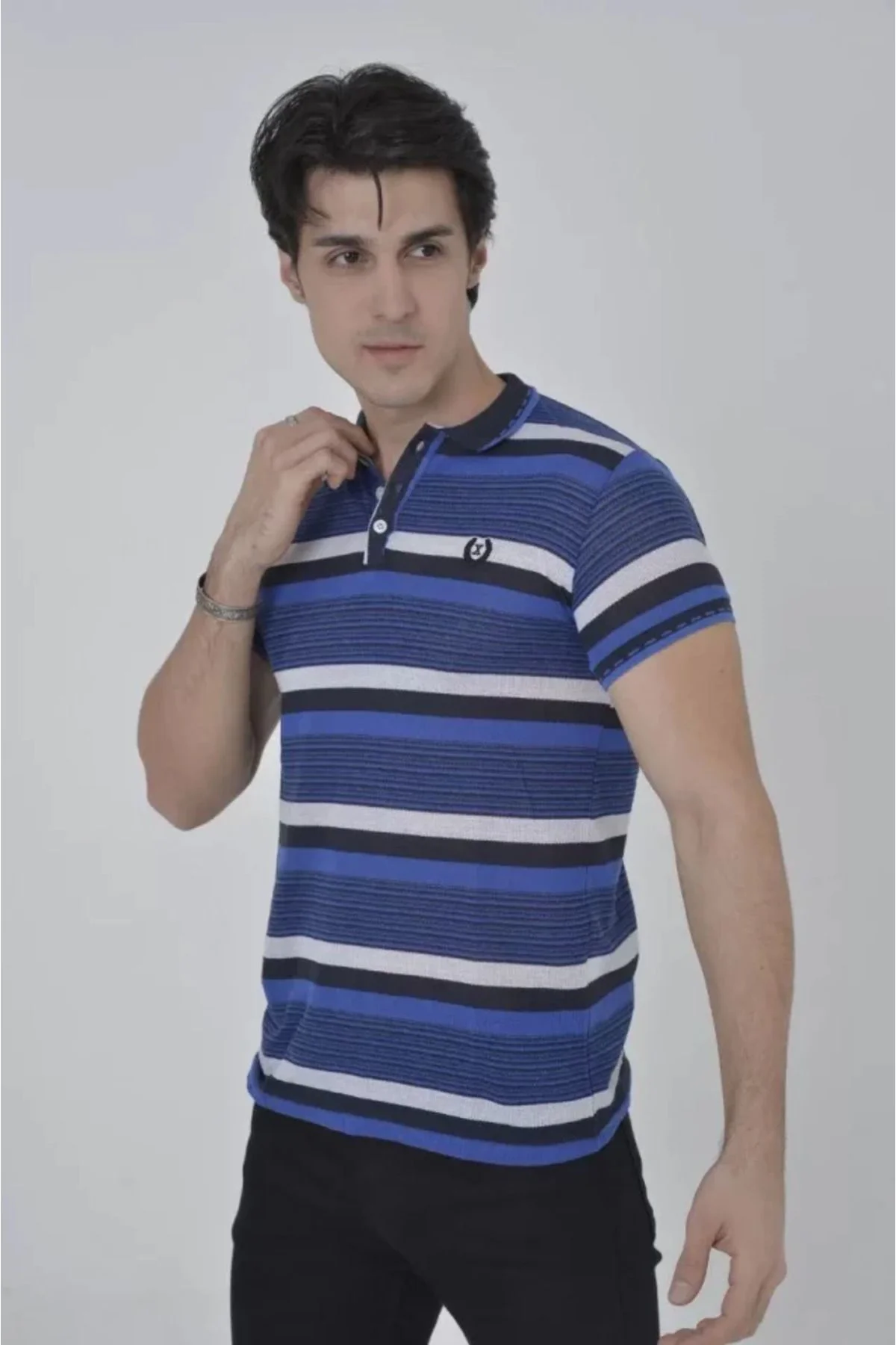 Şair Erkek Yakalı Slim Fit Dokuma Çizgili T-Shirt - Mavi