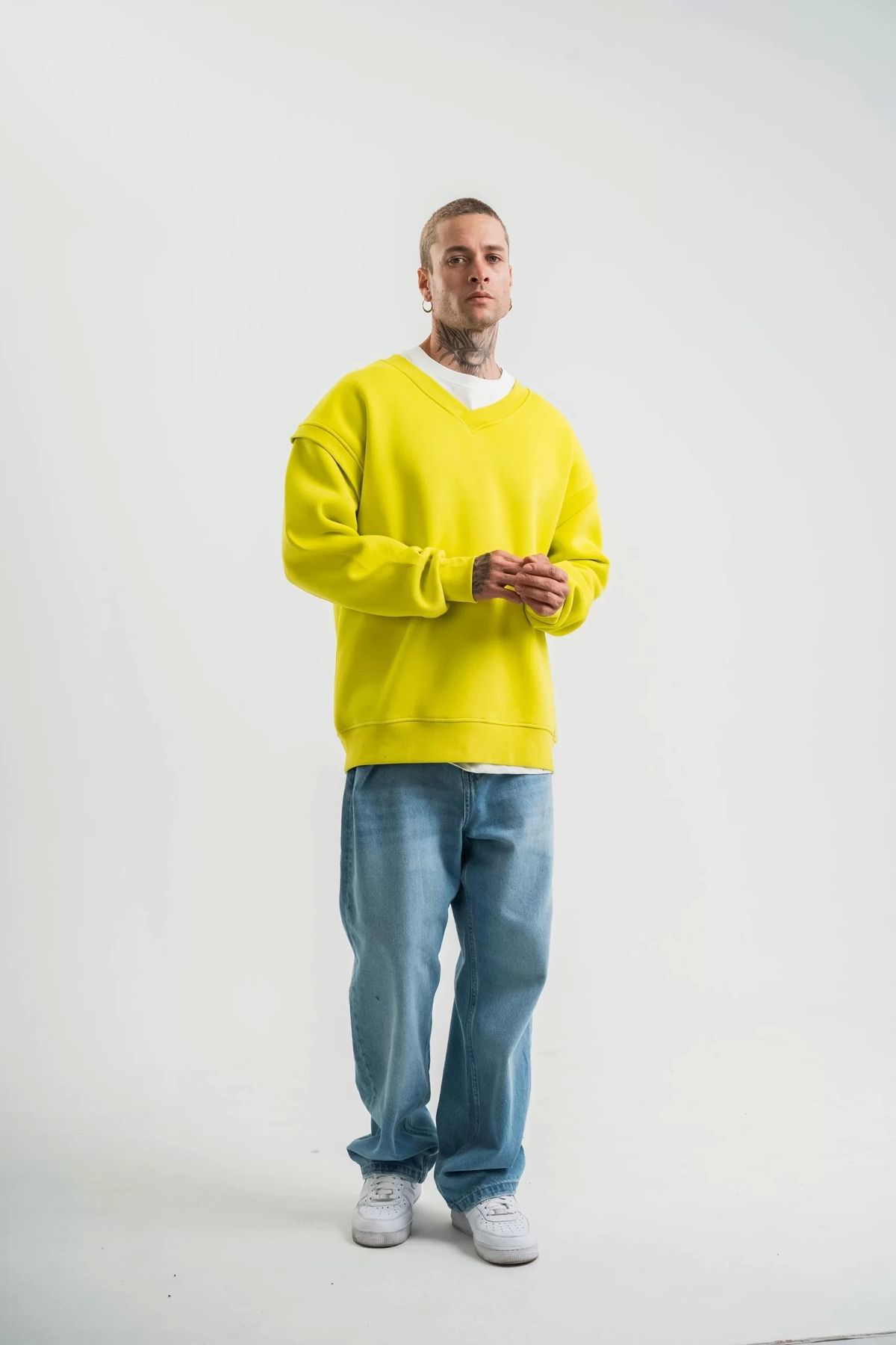 Şair Geniş V Yaka Kol Ribana Detaylı SweatShirt - Sarı