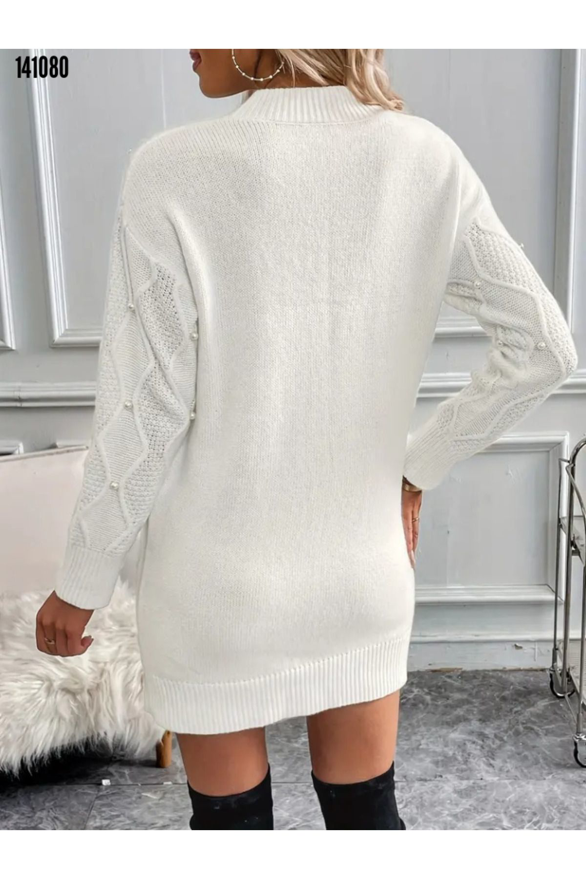 Şair Kadın Uzun Kollu Bisiklet Yaka Desenli Triko Elbise